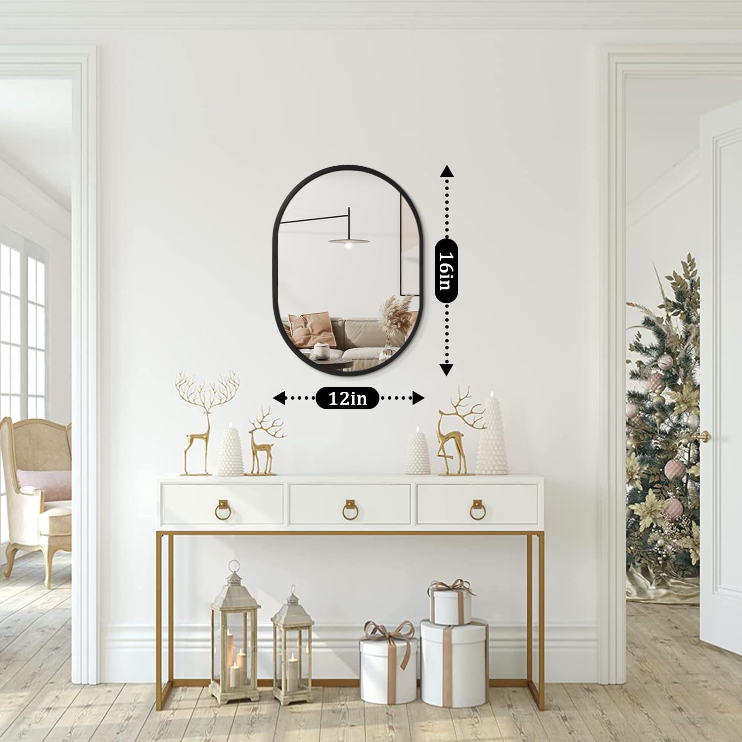 JJUUYOU Oval Mirror Black Metal Framed Small Mirrors for Wall Modern 12"x16" for Bedroom Bathroom Living Room Hallway Entryway Hanging