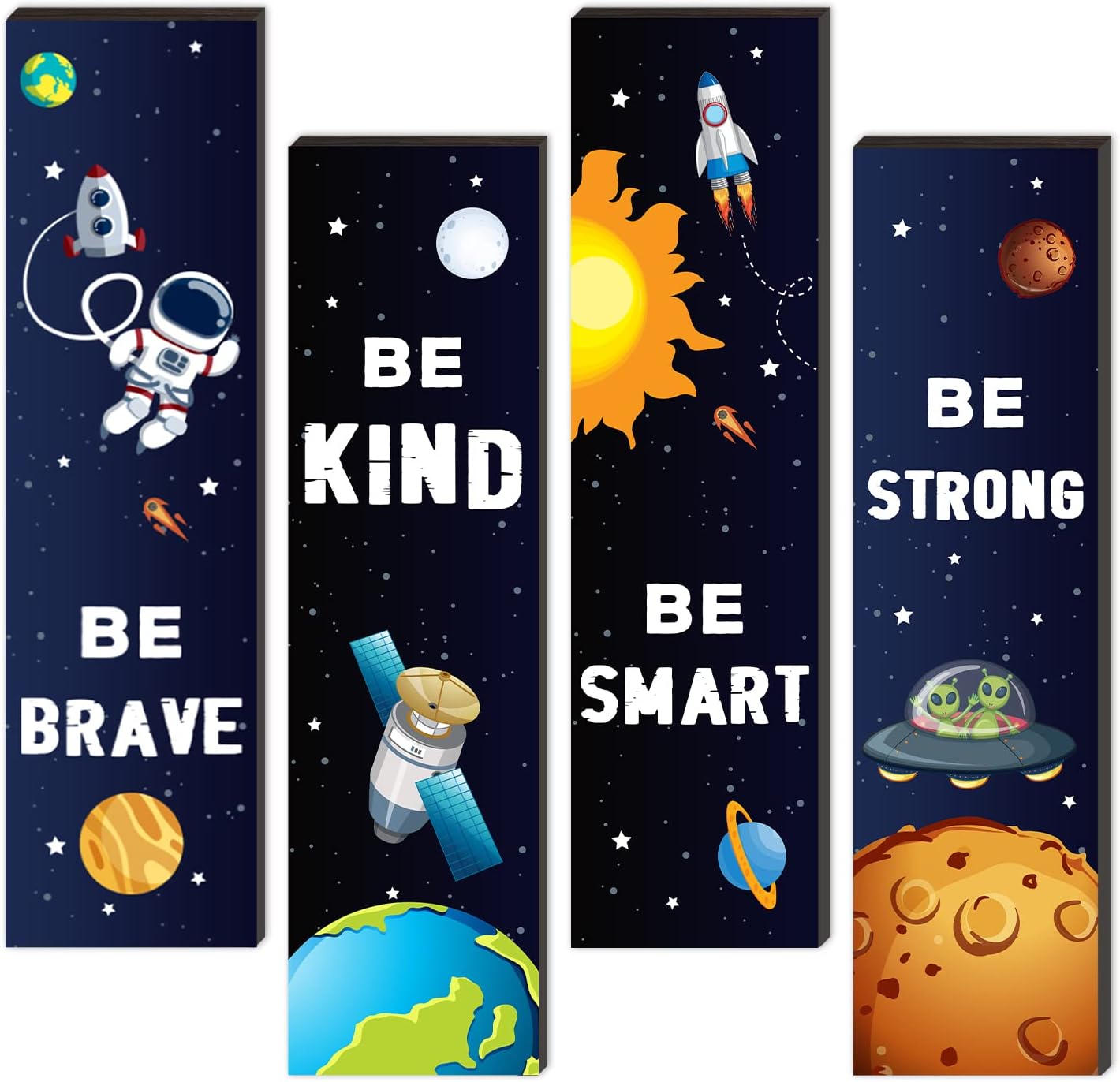 SHLINCO 4 Pieces Space Decor Wooden Wall Plaques, Outer Space Theme Room Wall Art Decor, Boys Bedroom Decor Motivational Quote for Baby Kids Classroom Nursery
