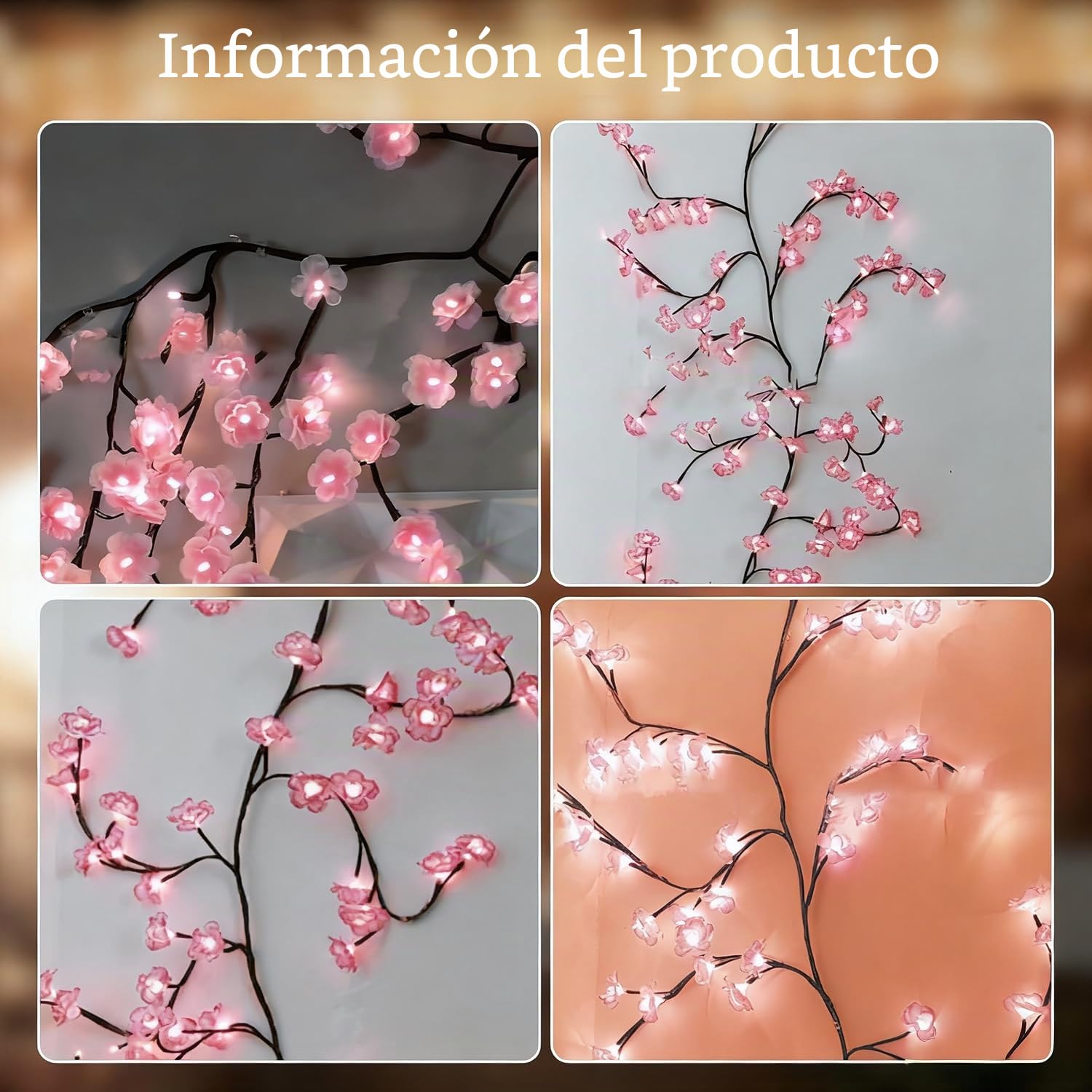 Guirnalda de flores de cerezo con 144 LED, alimentación USB para pared | Luces decorativas con mando a distancia, 8 modos de iluminación, para paredes de dormitorios, salones y fiestas