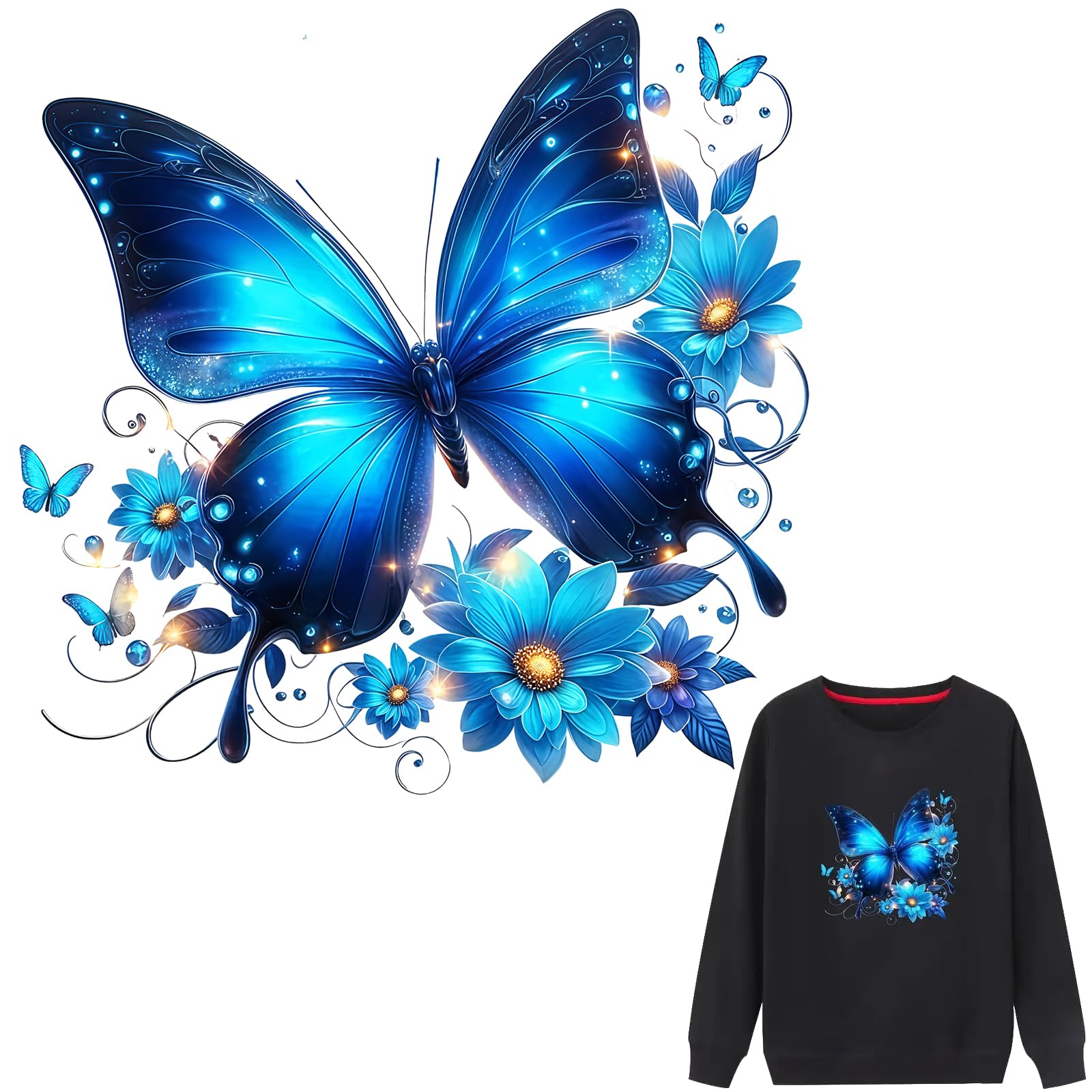 Blue Butterfly Shimmering Wings Floral Diasy Iron On Transfers for T-Shirts Rub on Transfers Stickers Vinyl Ready to Press Stickers Iron on Decals for T-Shirts Clothing Hoodie DIY Crafts