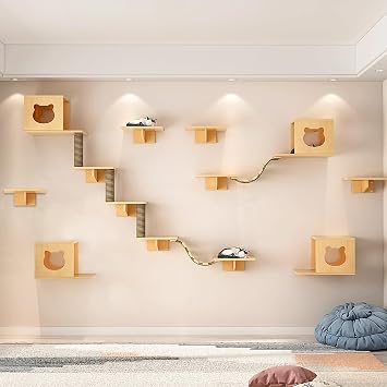 Cat Wall Shelves and Furniture Set with Condos, Perches, Bridge Ladders, Sisal Scratching Posts - Steps and Houses for Cats B