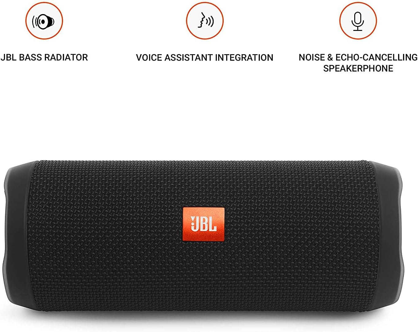JBL Flip 3 speaker with icons for bass radiator, voice assistant, and noise-cancelling speakerphone