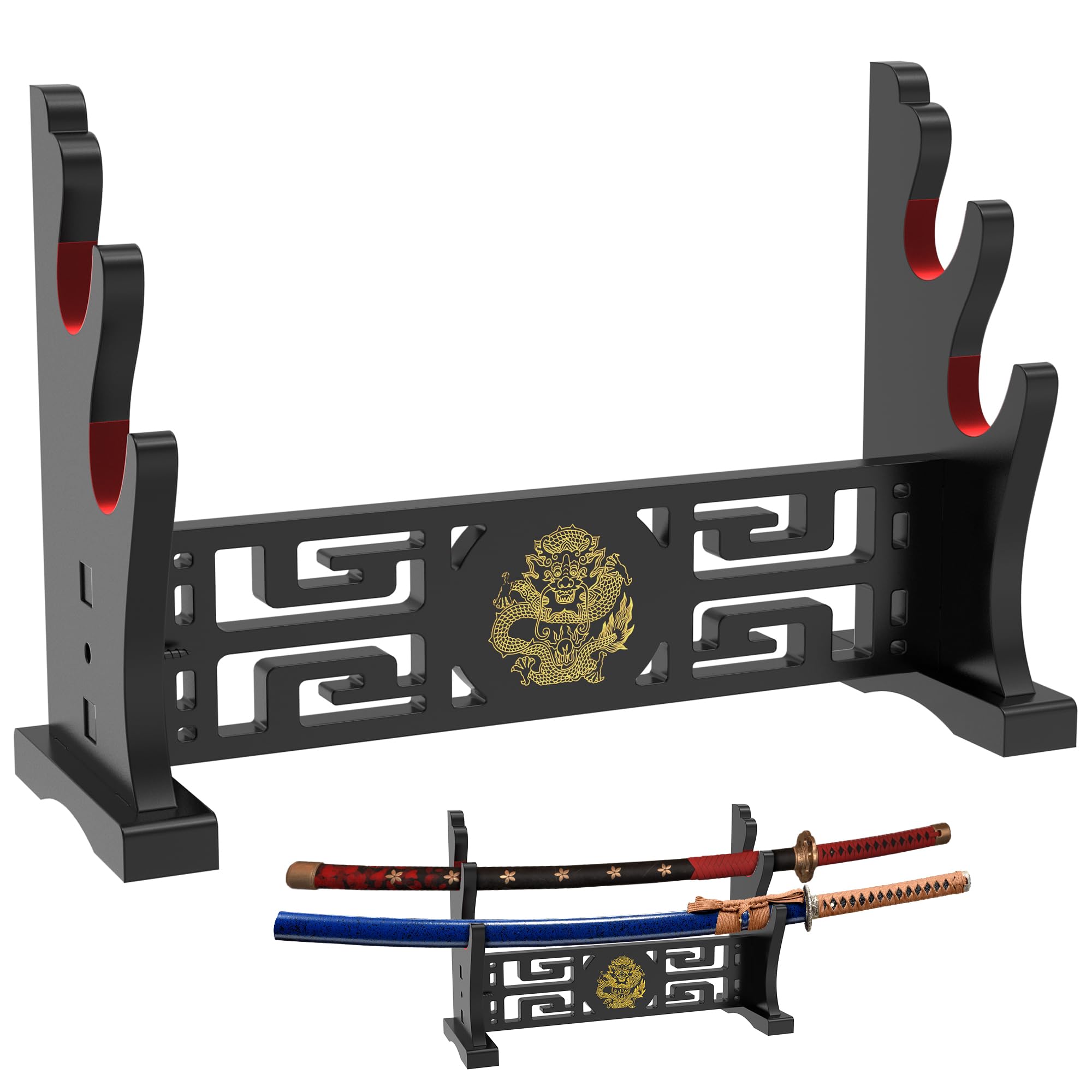 Alyoen Support pour sabre, support pour katana, support en bois pour katana avec crochet rembourré de velours et motif de dragon, présentoir à 2 étages pour sabre de samouraï pour tanto, épée légère