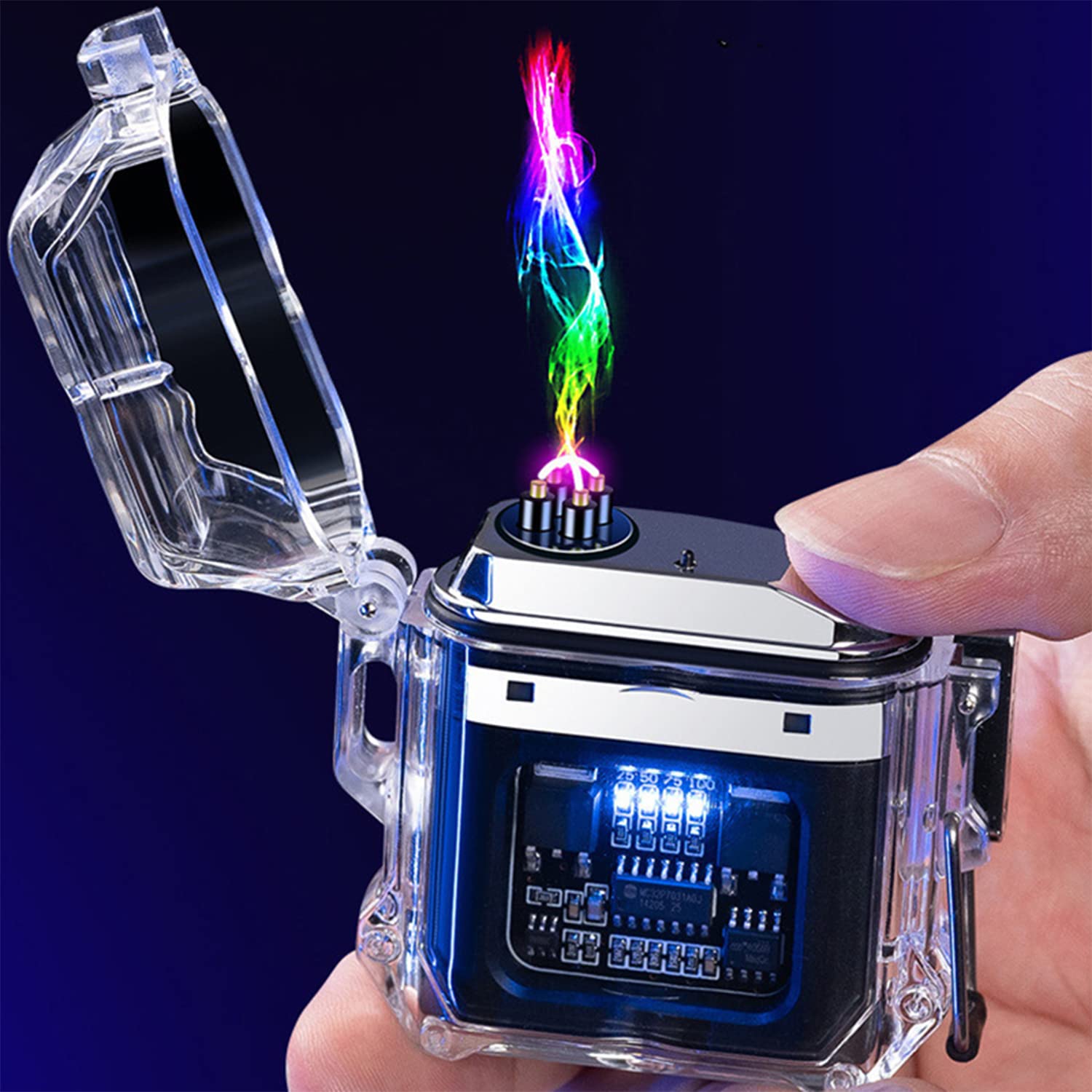 Briquet Électrique Étanche L'extérieur Affichage Puissance du Corps Transparent Coupe-Vent Briquet Plasma à Double Arc avec Cordon pour Randonnée Camping L'Aventure