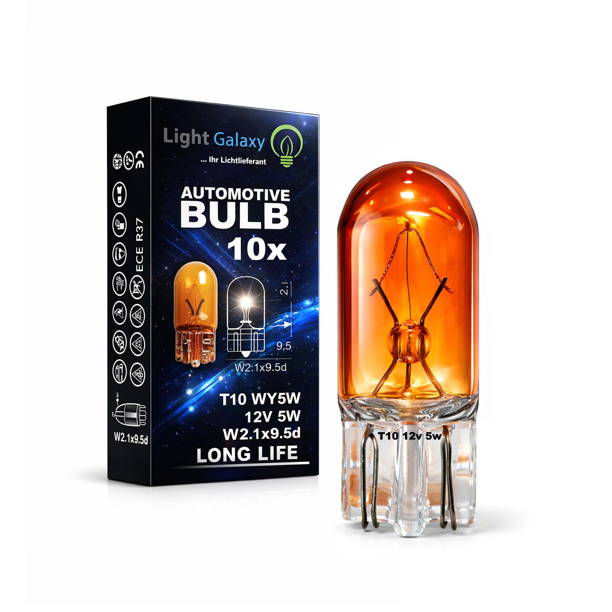 Light Galaxy ... Ihr Lichtlieferant 10x T10 WY5W 12V 5W Blinkerbirnen Orange W2.1x9.5d Blinker Lampe Seitenblinker Amber Glas Autolampen