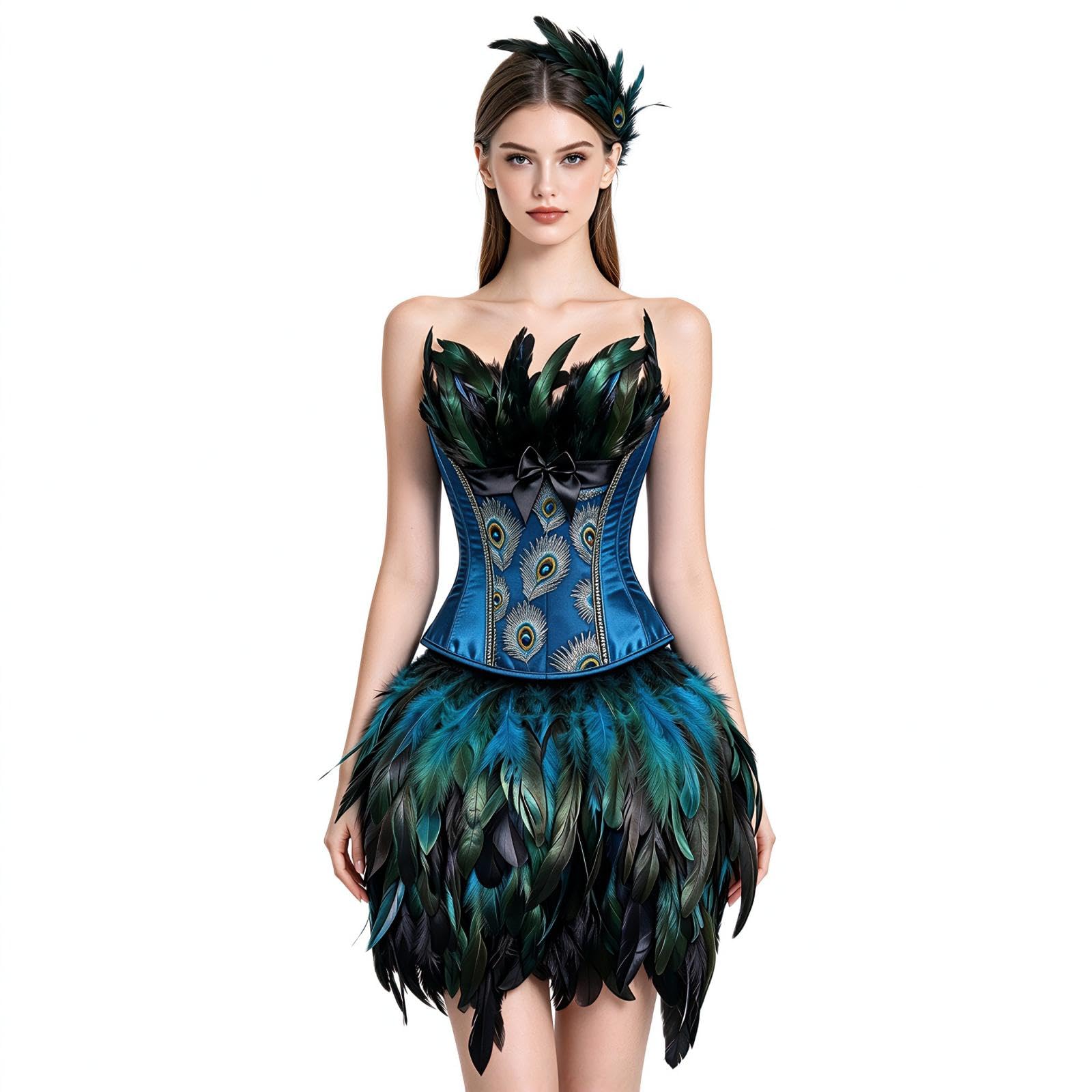 Peacock Costume Women with Corset Top, Feather Skirt for Halloween Carnival