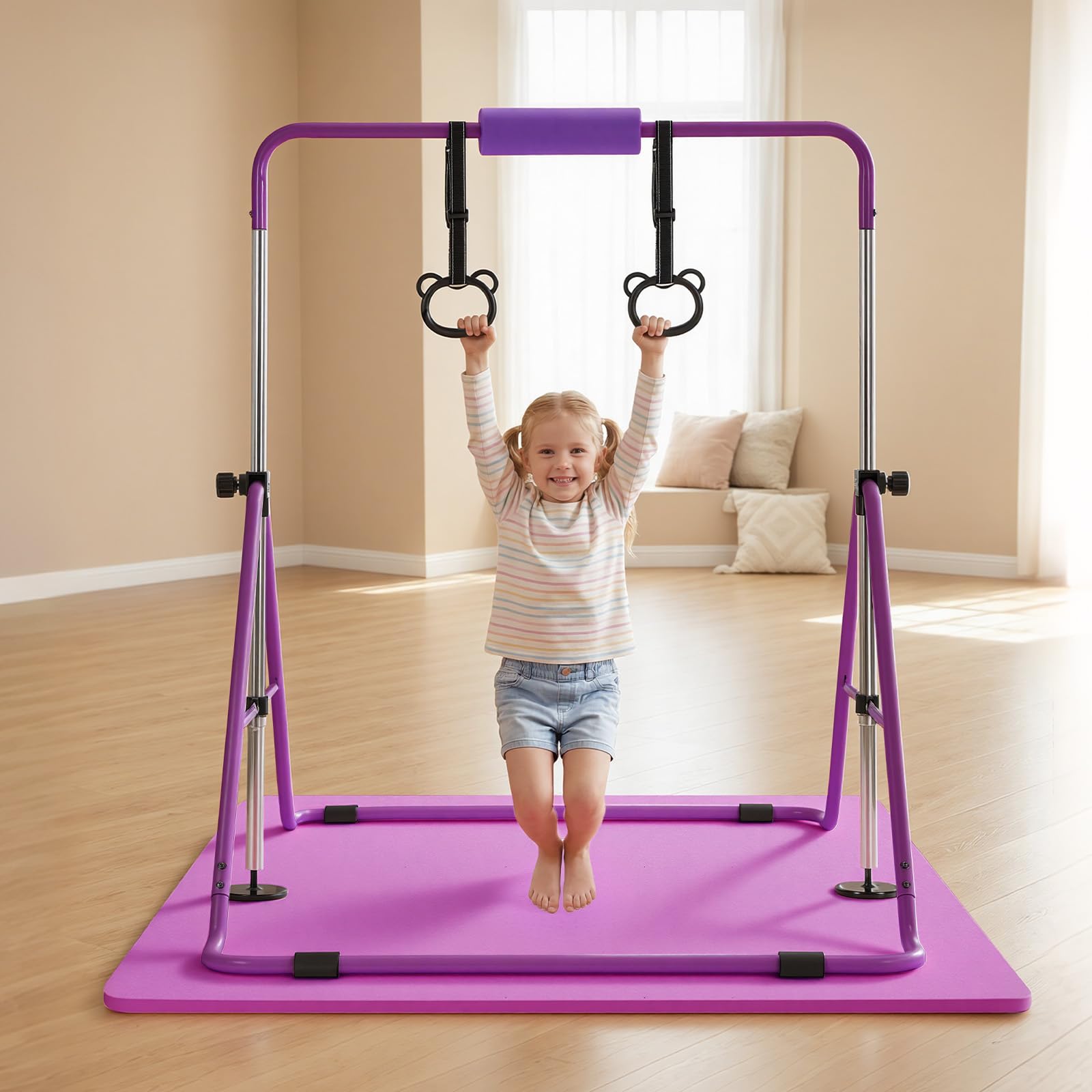VEVOR Barra da Ginnastica per Bambini, Barra da Ginnastica Carico 63,5 kg Struttura Pieghevole con Tappetino Altezza Regolabile Allenamento Esercizio a Casa, Acciaio al Carbonio Nylon, Colore Viola