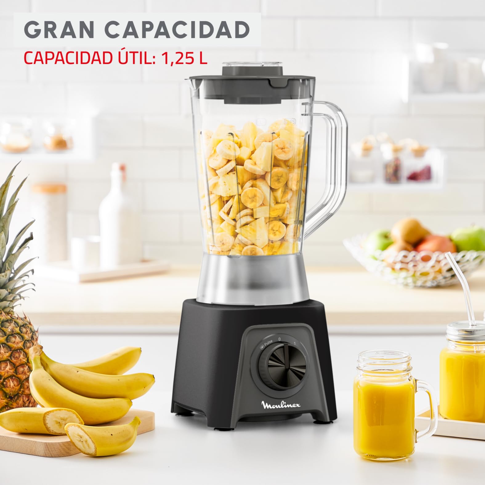 Moulinex Blendeo+ Batidora de vaso 450W 1,5L 2 velocidades Pulse Pica hielo Cuchillas extraíbles Gris