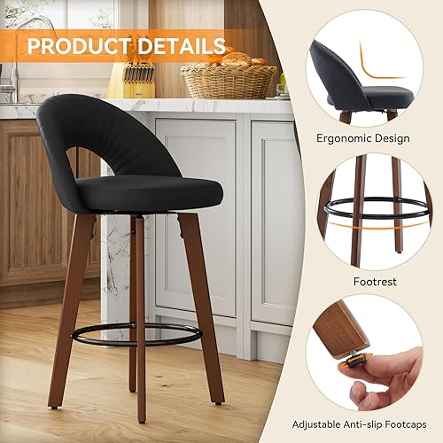 Miniatura 3 de Juego de 2 taburetes de bar giratorios de altura de mostrador con patas de madera curvada, reposapiés de metal, modernos de mediados de siglo