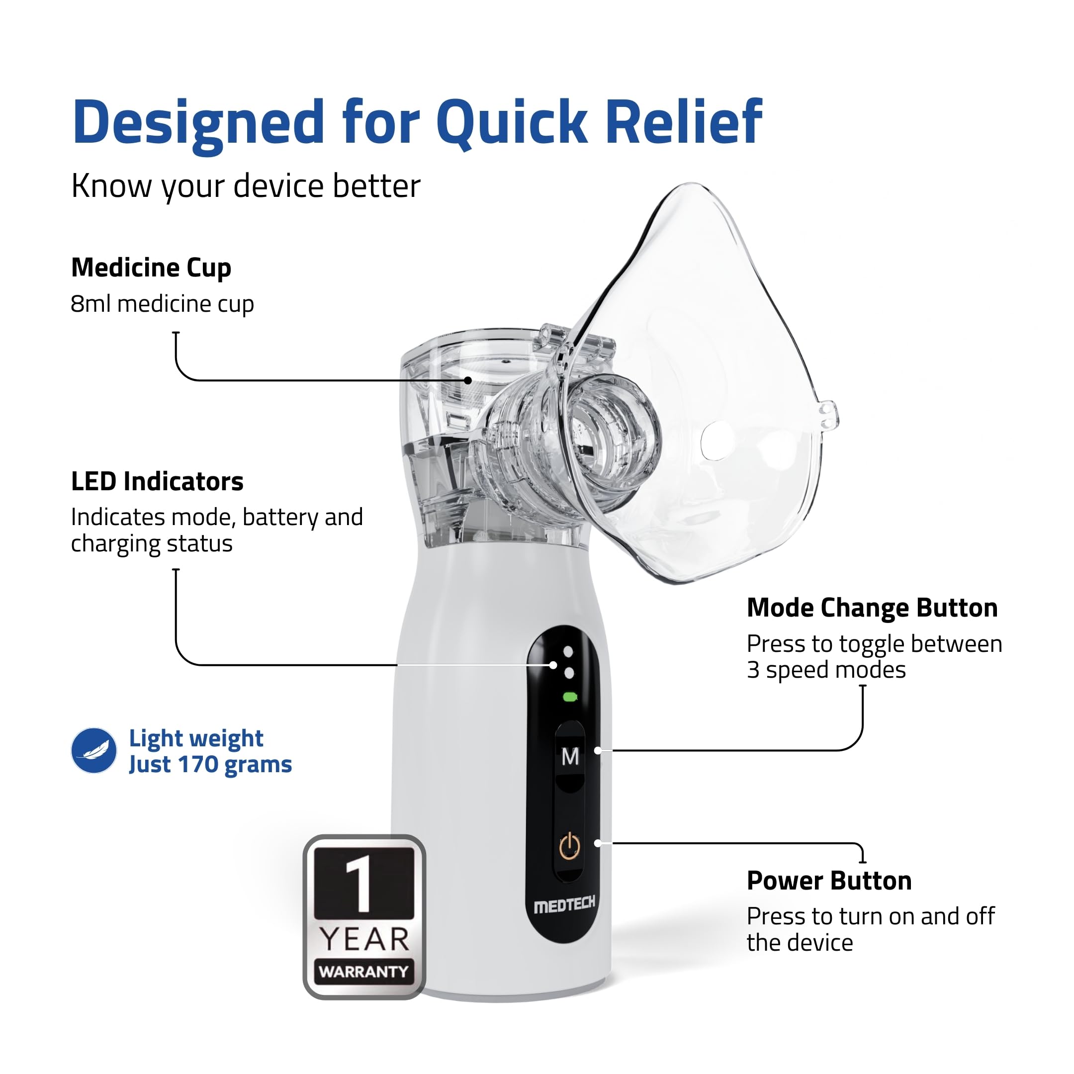 MEDTECH® Handyneb Micro-02 Premium Portable Mesh Nebulizer Machine for Adults and Kids | Silent Mist Inhaler | USB Type-C Rechargeable Nebulizer for Kids & Travel Use | Compact, Lightweight - Image 2 thumbnail