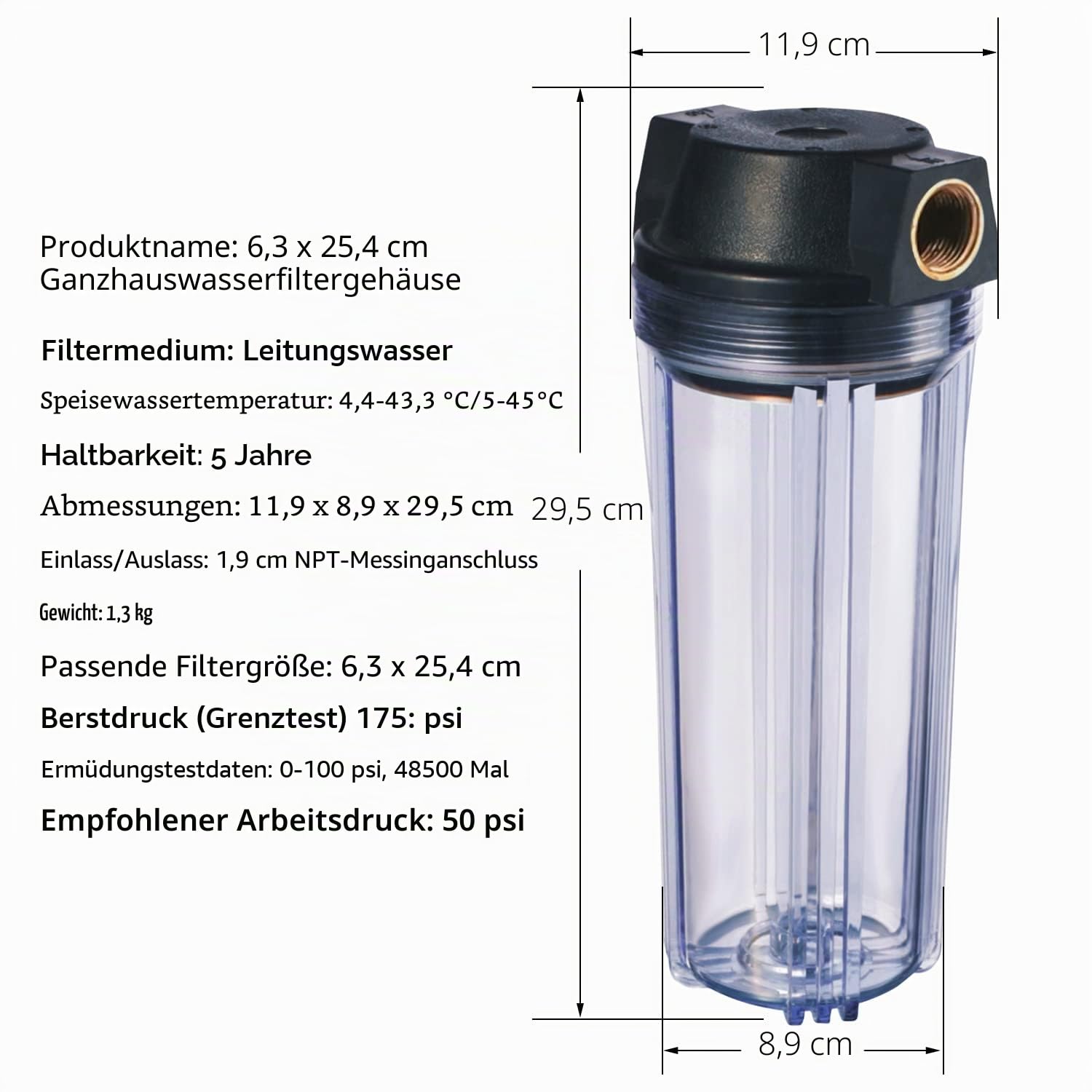 Geekpure 10-Zoll schmales Gehäuse für Hauswasserfilter mit Druckentlastungsventil –3/4" BSP Messinganschluss –passend für 2,5" x 10" Filter –transparent
