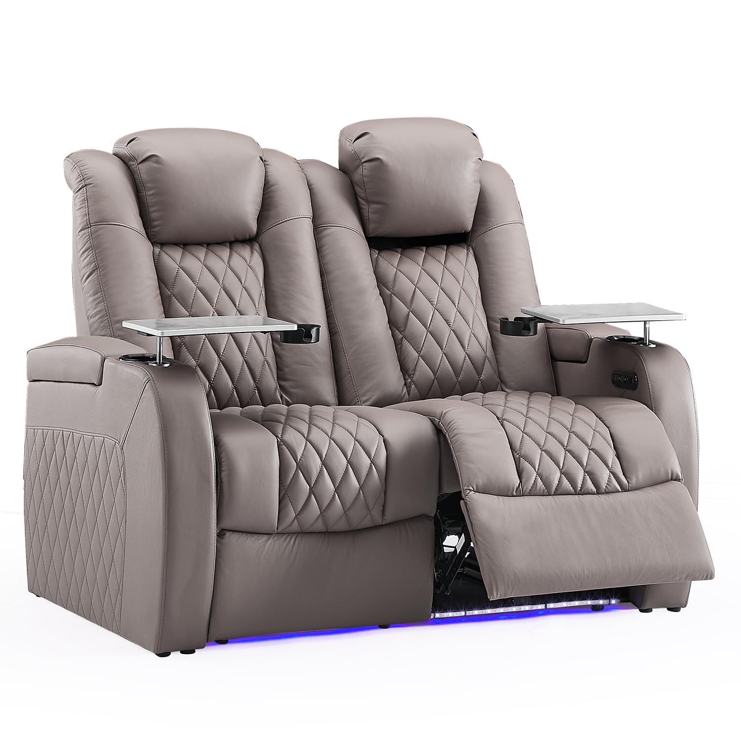 Weilianda Home Theater Seating Top Grain Leather Zero Gravity Recliner Chair Power Headrest Recline Movie Seat Gaming 7 Colors Mood Light Sofa with Tray Table USB Charge Row of 2 Loveseat Grey