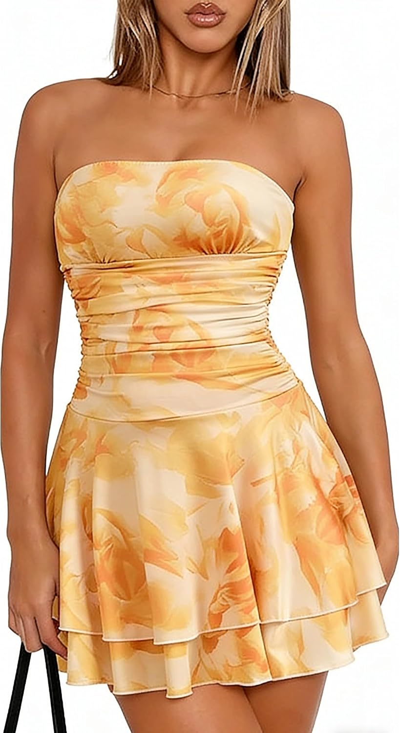 Women Tube Top Dress Off Shoulder Ruched Ruffle A Line Flowy Party Club Short Dresses