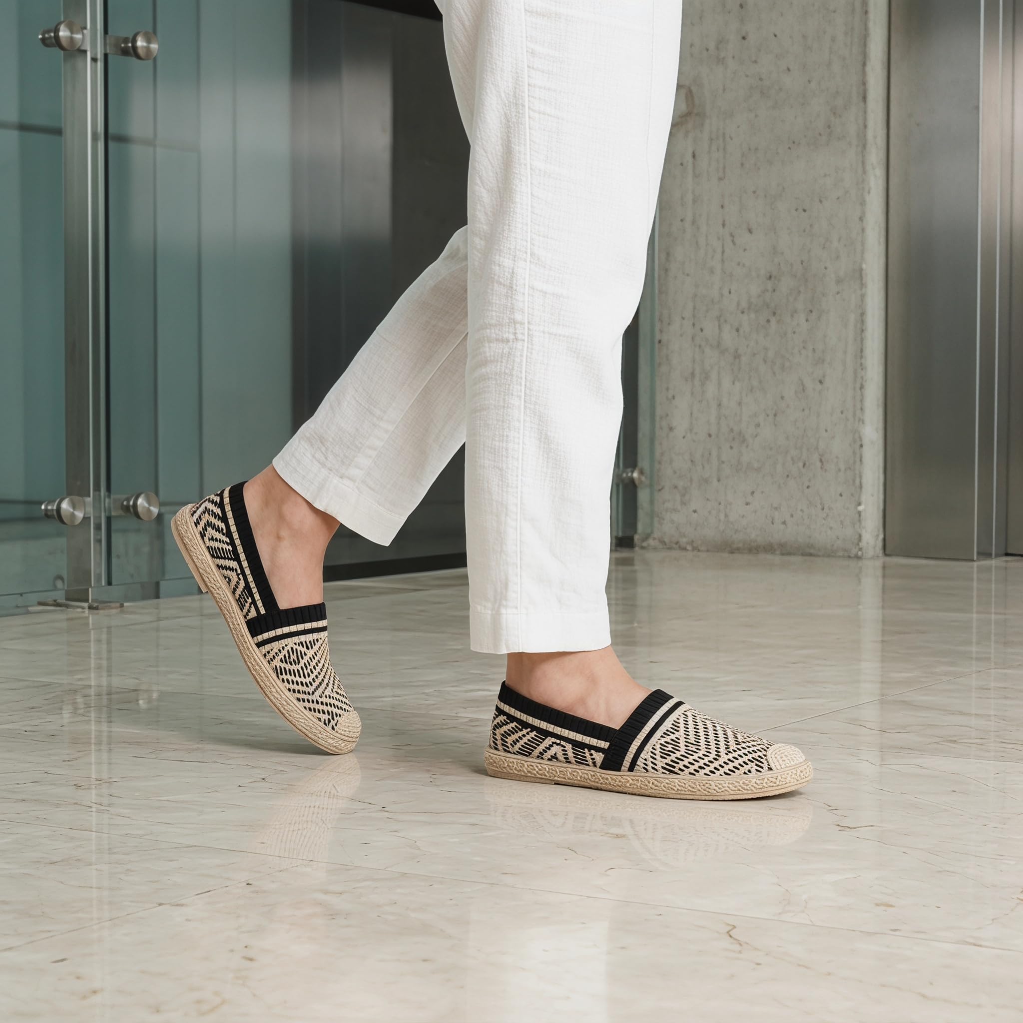 GLAMORA Espadrilles Femme Maille Tricotée Ballerines Plates Slip-on Respirantes Semelle Corde Tressée Antidérapante Chaussures Légères Souples Confort Tricot Stretch Mocassins Été