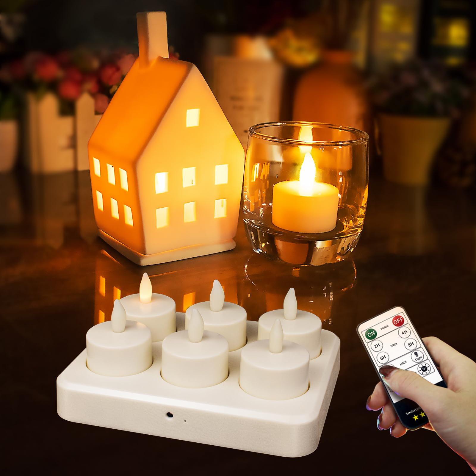 HL Candela Ricaricabile Delle Luci del tè con telecomando, Candele Led Fiamma Oscillante, Tempo di Combustione 40 ore, 2/4/6/8-hours Funzione Timer, Giallo, 6 pezzi