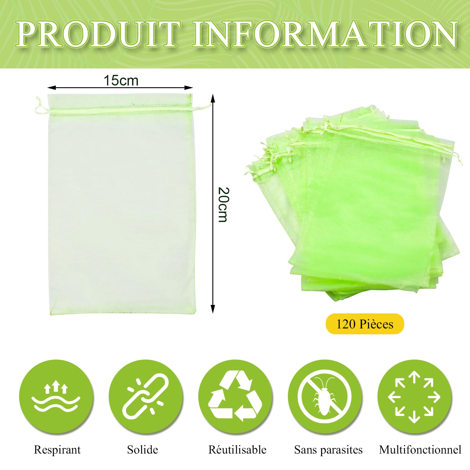 Sachet Protection Fruits Organza Vert Respirant à Cordon de Serrage 20x15cm 120 Pièces