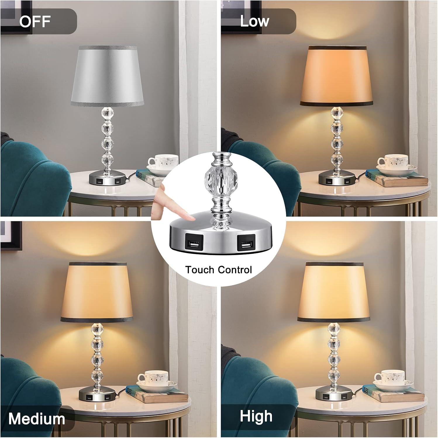 USB Crystal Touch Table Lamp Bedside Lamp with Dual USB Charging Ports, Kakanuo Modern Silver Nightstand Lamp Bedroom Lamp Touch Lamp for Bedroom, Living Room, Guest Room and Office(LED Bulb Included)