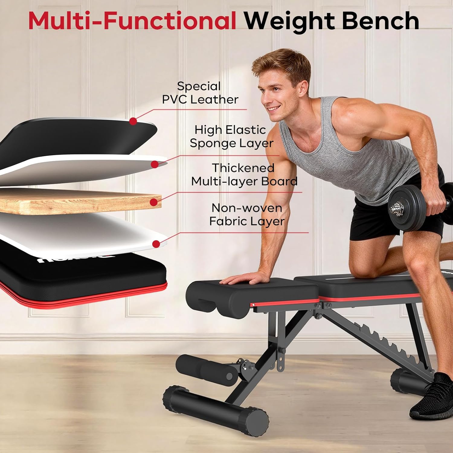 Examples of exercises performed on the PASYOU PA180 Weight Bench, including dumbbell press, decline sit-up, flat dumbbell, and dumbbell fly.