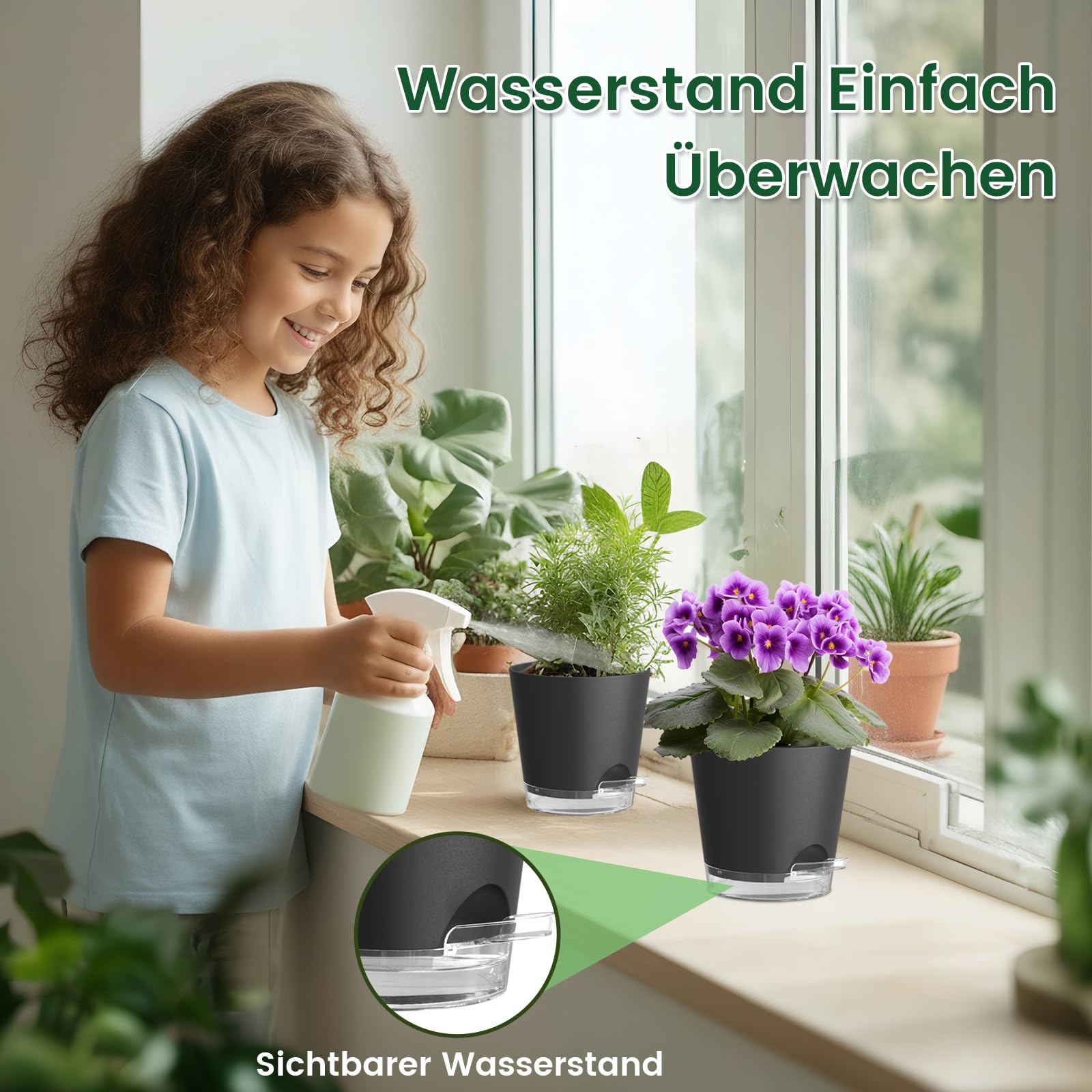 WSMKSZ 10,2 cm Selbstbewässerungstopf, 5er Set Kunststoff Blumentöpfe mit Abflusslöchern und Transparentem Wasserreservoir, Sichtbarer Wasserstand, Pflanztöpfe Klein für Zimmerpflanzen, Schwarz