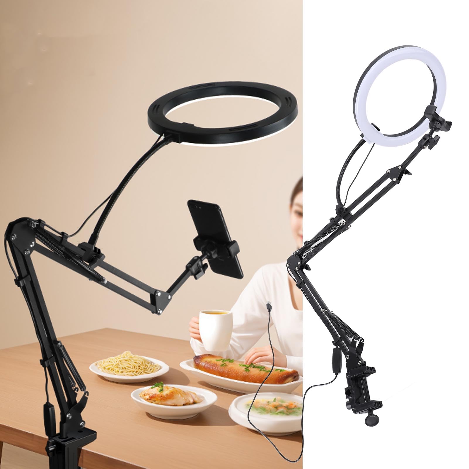 Lampa pierścieniowa 26 cm nad głową uchwyt na telefon 5 cm maksymalna grubość zacisku lampa pierścieniowa na biurko z zaciskiem do makijażu piękna gotowania wideo na żywo