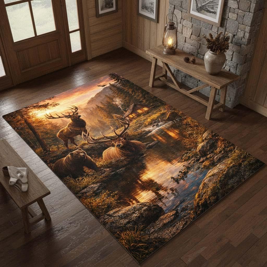 Mountain Cabin Wildlife Area Rug – 2'x3' Rustic Deer Bear Forest Lodge Decor, Non-Slip Washable Carpet for Living Room, Retreat & Farmhouse