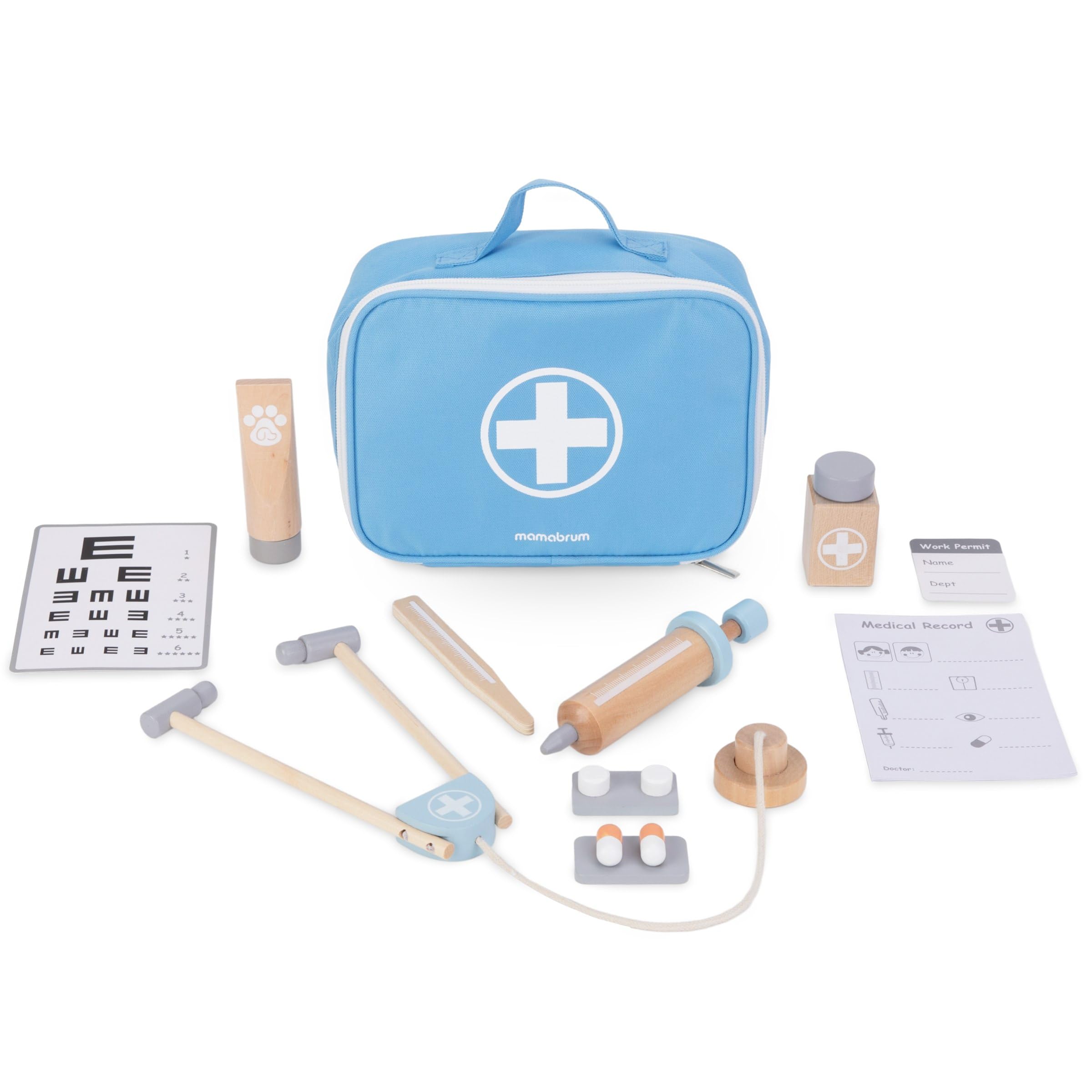 Mamabrum, pequeño Set de médico de Madera, maletín de médico, Tarjeta de Examen de la vista, 4 Tipos de medicamentos, termómetro, Estetoscopio, Recetas, Placa de médico, Set de médico para niños