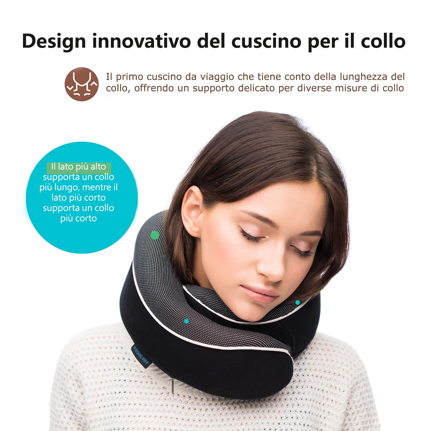 Proglobe Cuscino da Viaggio per Collo - Cuscino Cervicale, 100% Memory Foam, Cuscino per Dormire, Ideale per Viaggi in Aereo, Auto, Treno, Con Mascherina 3D e Borsa in Rete (Nero)