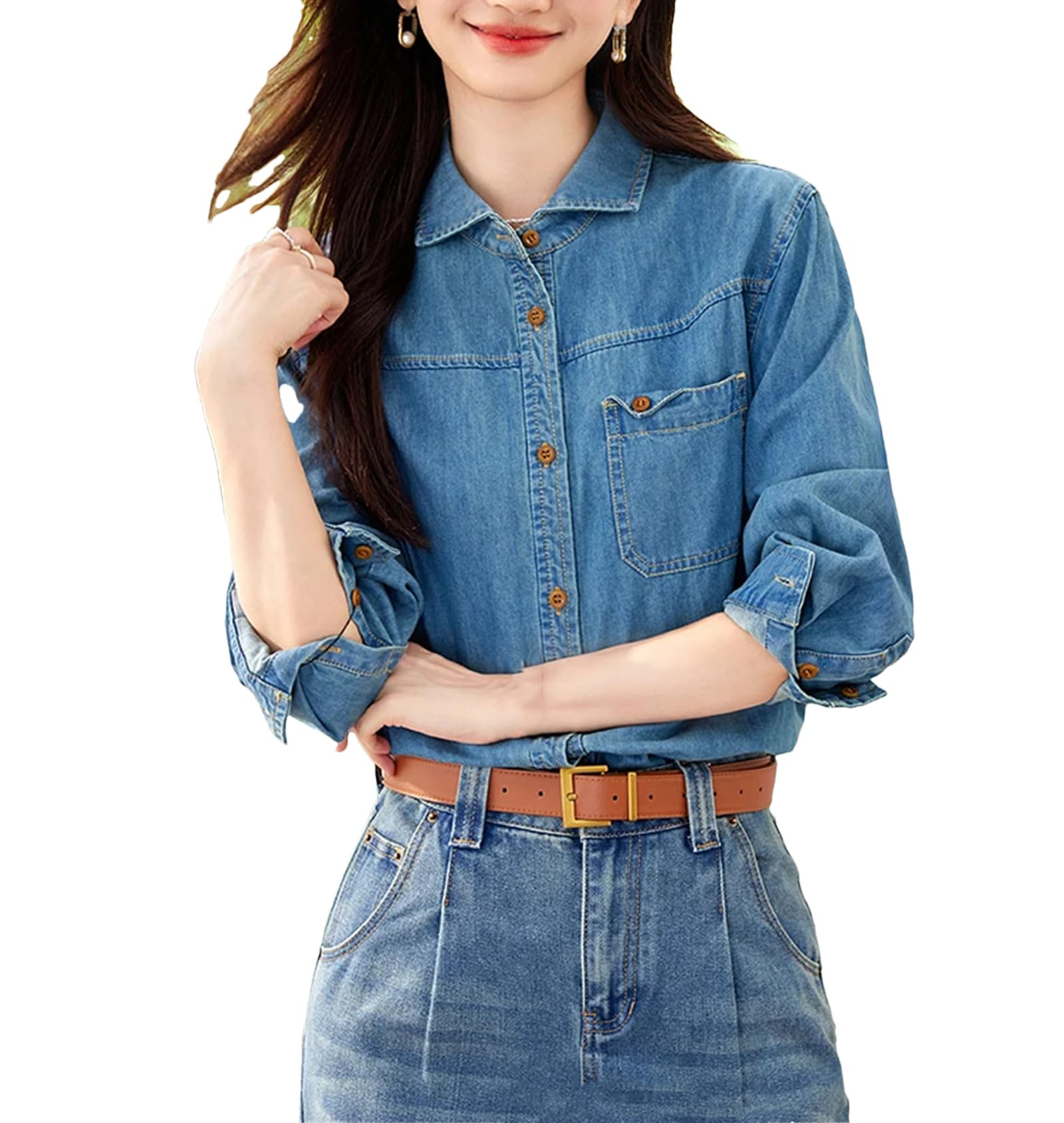 Yeuyyben Camicia da donna in denim alla moda con colletto rovesciato a maniche lunghe camicetta top allentato
