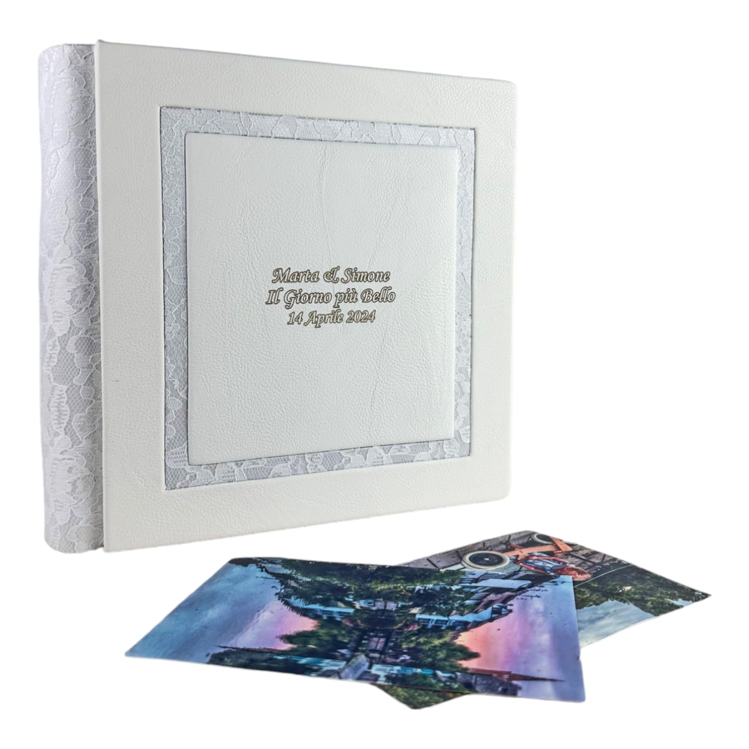 Album fotografico - Giove Double - produzione artigianale in similpelle, personalizzabile con incisione. classico con velina, Matrimonio, Compleanno, Regalo, Wedding, Anniversario (Bianco/Macramè)