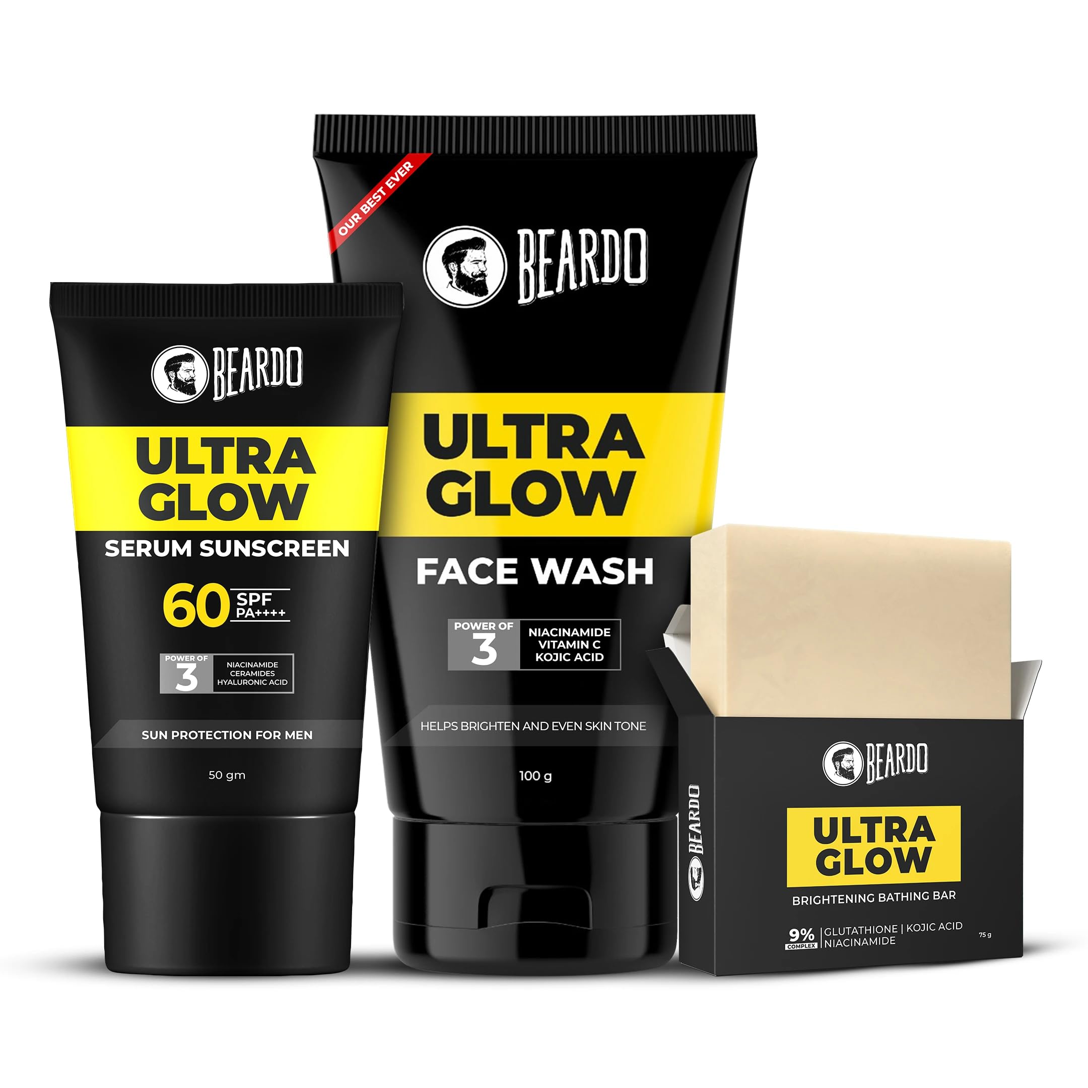 Beardo Ultra Glow-up Kit for Men | Facewash, Serum Sunscreen & Bathing Bar | Brightening Skincare Combo for Daily Use | Oil Control & Sun Protection | Set of 3
