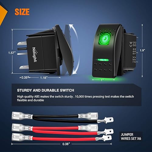 Vista 20 de Nilight 3 Pack Rocker Switch with Night Glow DIY Stickers On Off 5 PIN SPST LED Light Switches with Green Backlit 12V/24V Toggle for Cars Trucks RVs