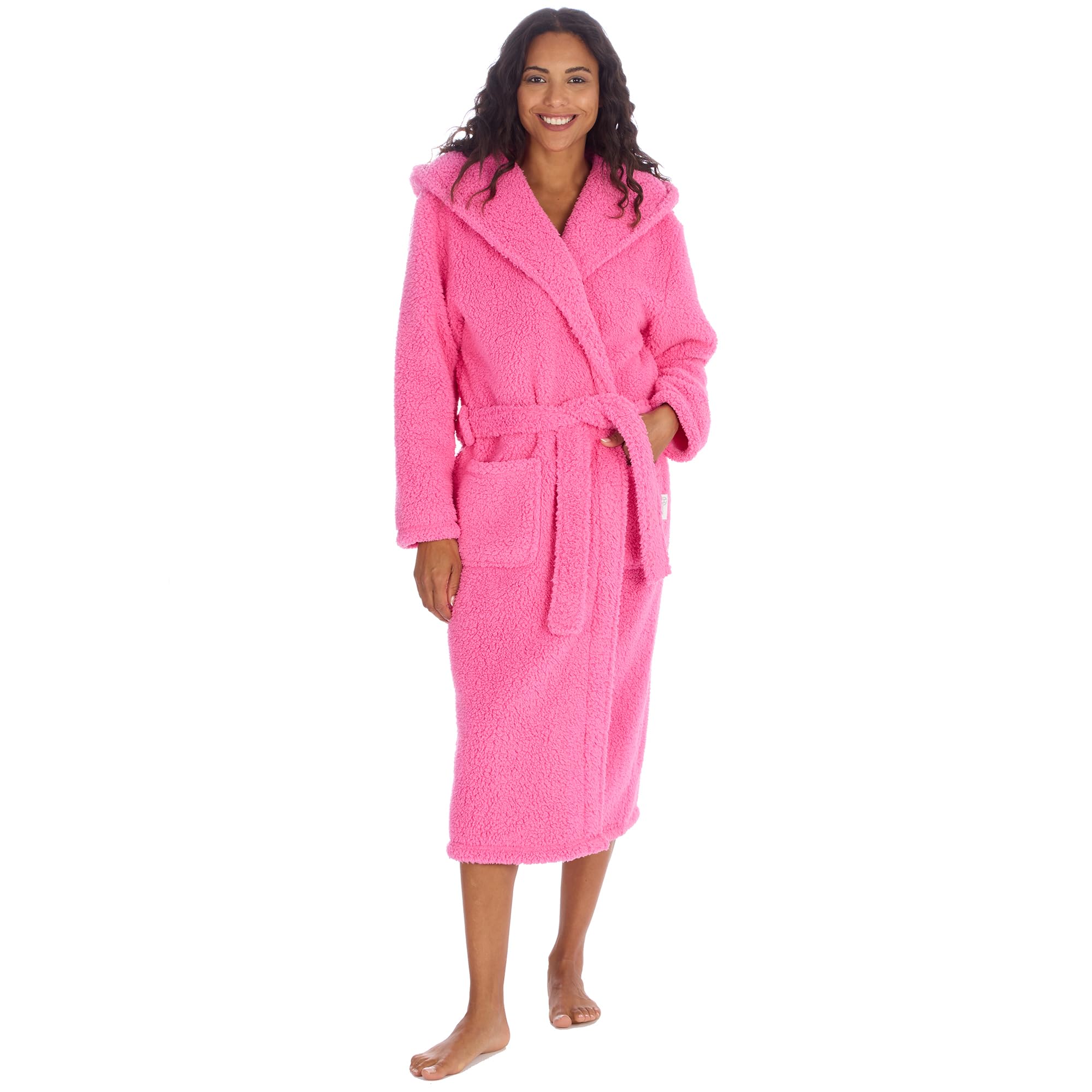 Nikaro Women's Bubble Gum Borg Fleece Robe With Hood Cosy Belted Dressing Gown With Pockets (L) Pink