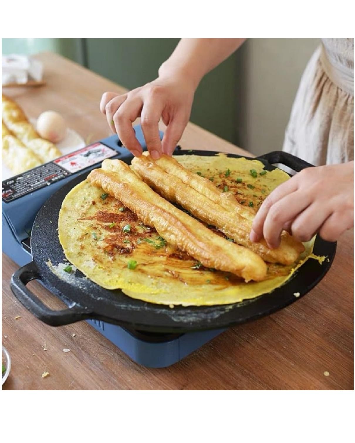Poêle à crêpes chinoise, poêle à frire en fonte, 32 cm - Idéal pour faire et réchauffer crêpes, tortillas et pancakes