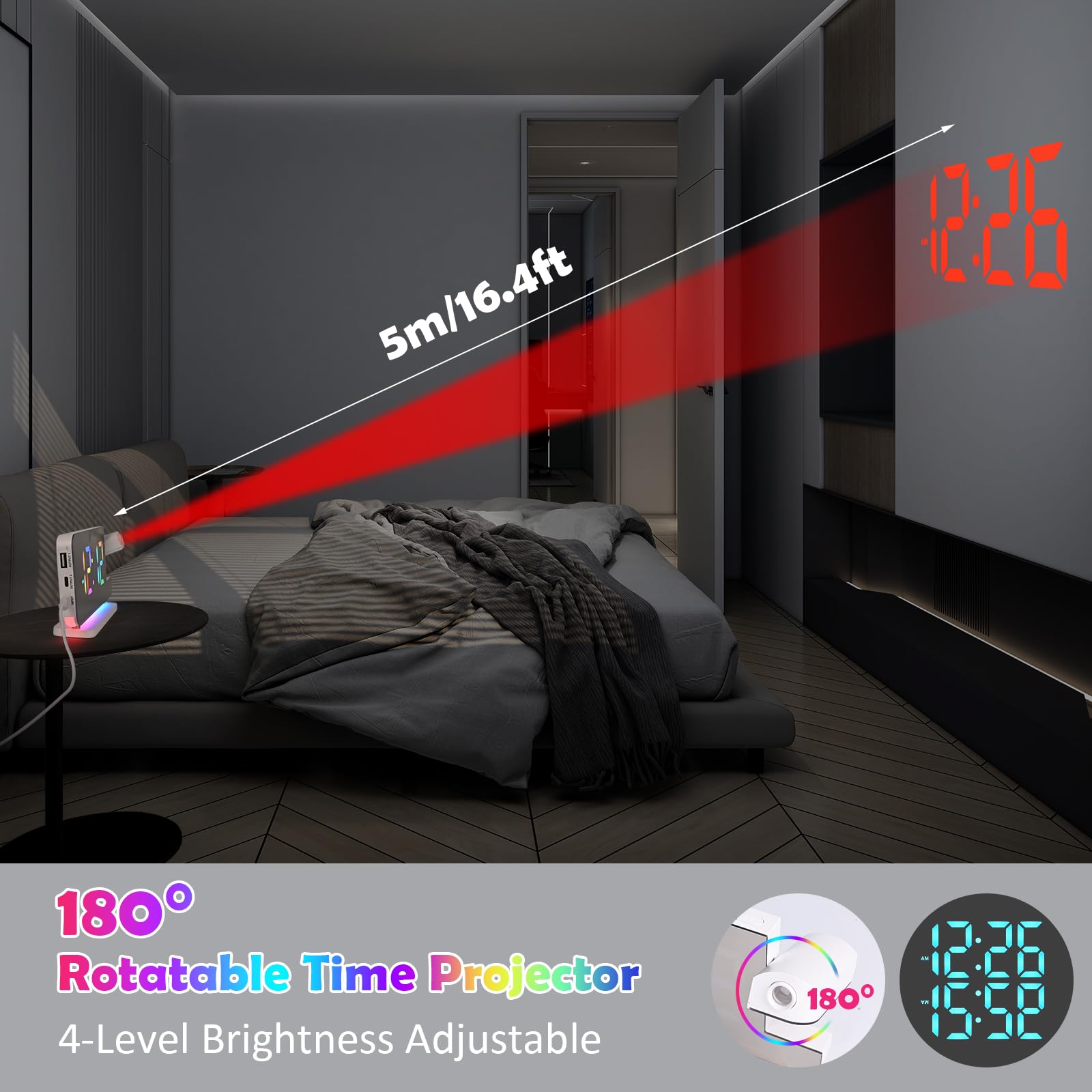 Euakee Réveil Numérique, Réveil avec Projection, Horloge Miroir LED 7.4", Veilleuse 10 Couleurs, Projecteur Rotatif 180°, Chargeur USB-C, Réveils Projection pour Enfants Chambre Filles Garçons (Blanc)