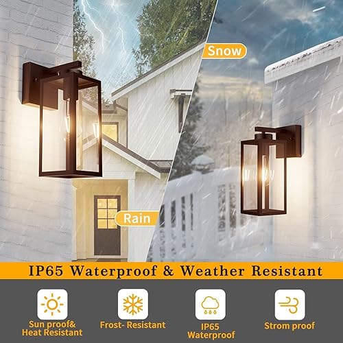Miniatura 3 de Tipace Farol de pared para exteriores, paquete de 2 apliques de pared exterior marrón con pantalla de vidrio transparente, luces de montaje en pared
