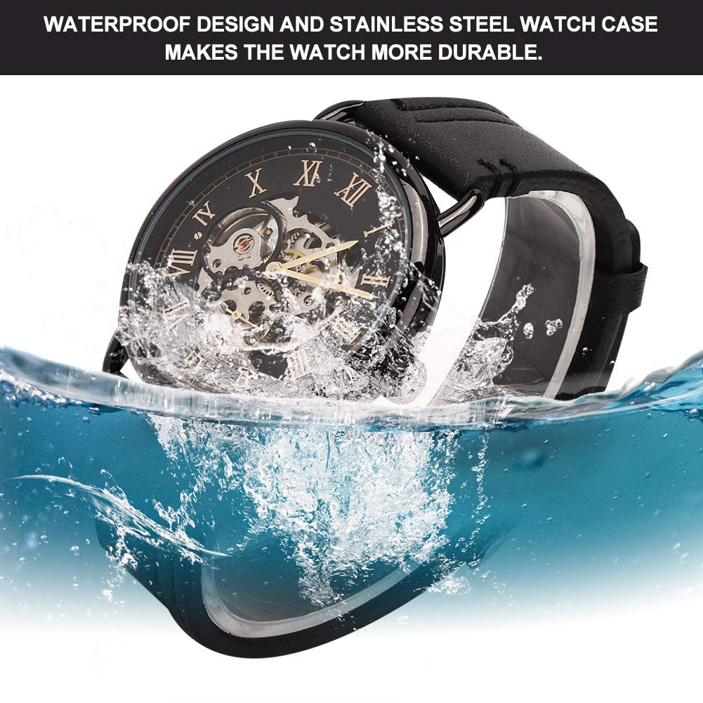 ZJchao Semi Automatic Mechanical Watch, Hollow Out Men's Mechanical Wrist Watch, Hand Wind Stainless Steel and Leather Dress Wristwatch(1#)
