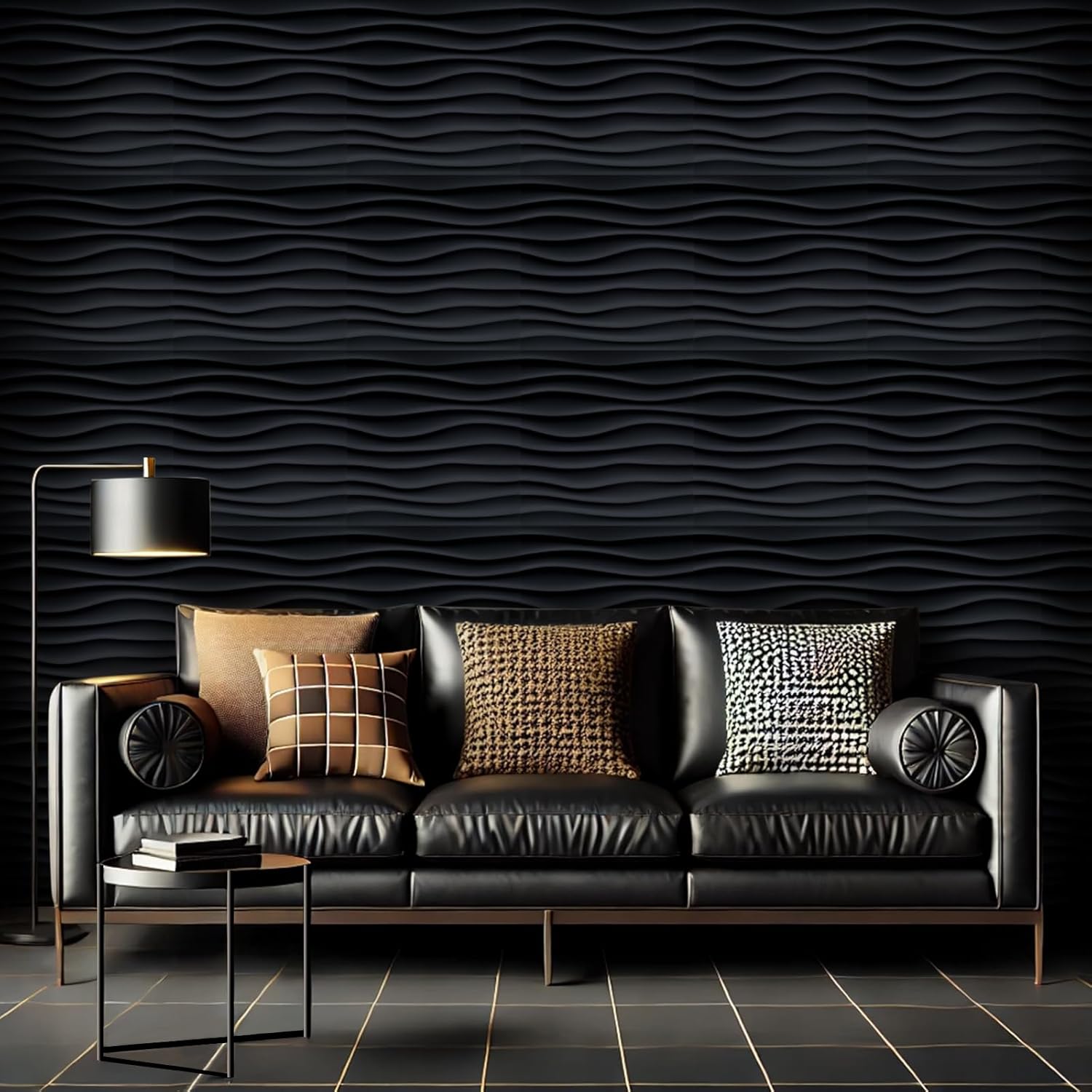 Chunful 30 Pcs 28.81 Sq ft 3D Wall Panels PVC Wave Design,11.8" x 11.8" Wall Panels Brick Wallpaper Waterproof for Interior Living Room Bedroom Decor(Black)