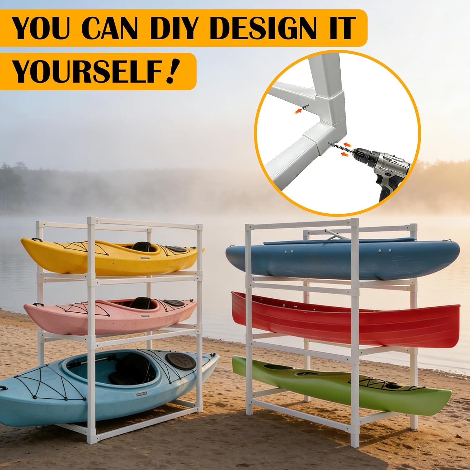 Kayak Storage Rack, Heavy Duty Adjustable Weatherproof PVC Stand, Suitable for Indoor, Outdoor, and Dock, Capable of Supporting Kayaks, Paddleboards, Surfboards, and Canoes