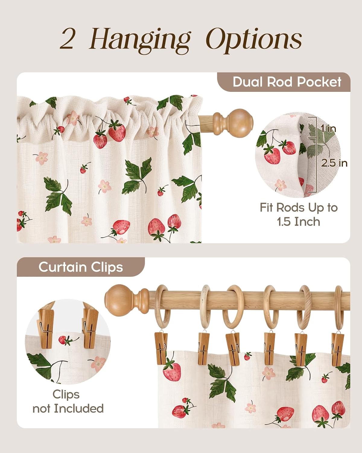 Miss Adola Farmhouse Kitchen Curtains - 36 Inch Length Linen Blend Strawberry Kitchen Window Tier Curtains Cafe Drapes Rod Pocket for Windows Light Filtering, 2 Panels