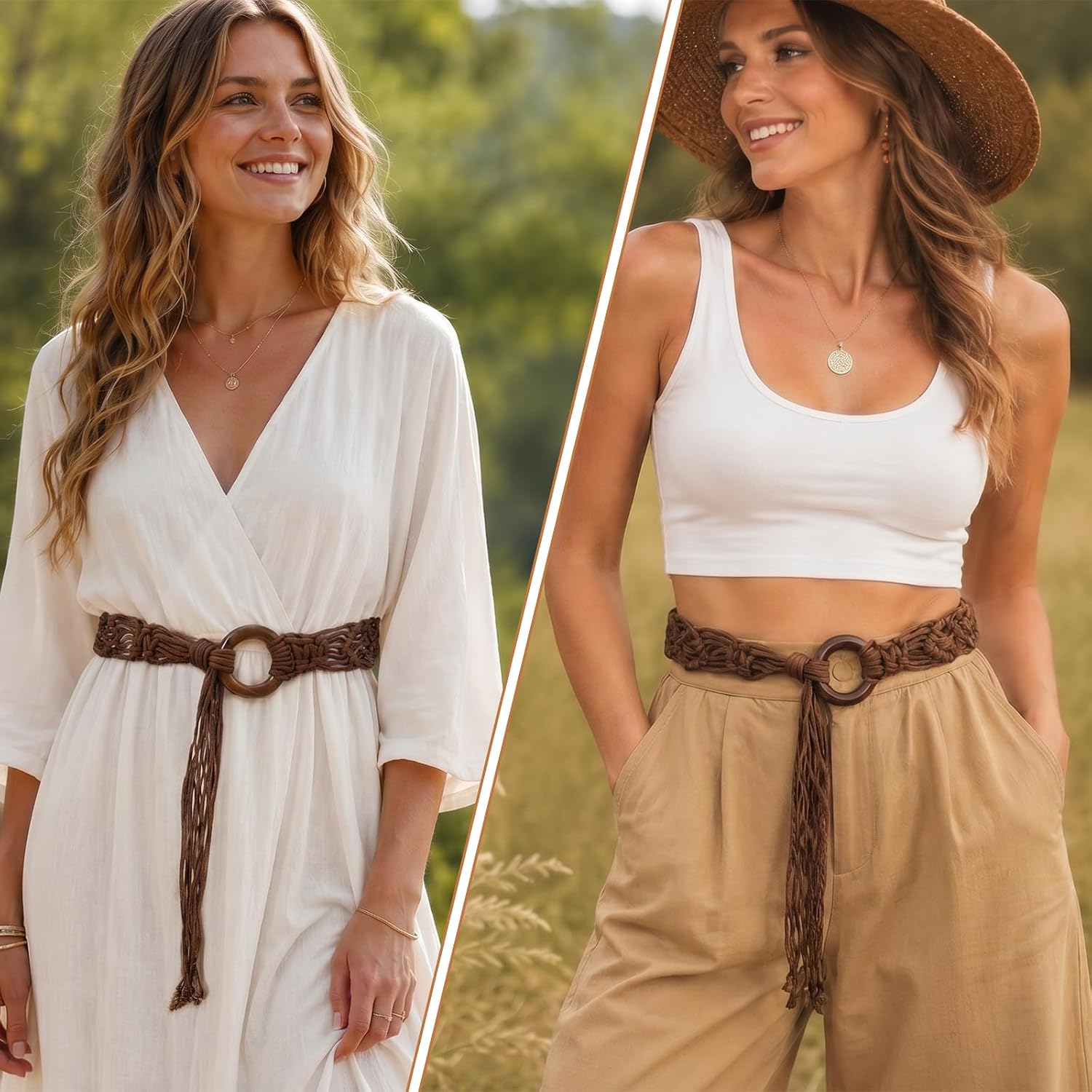 Gvhntk Boho Woven Belt for Women Boho Braided Western Belt Hand-Woven Wax Renaissance Rope Long Tassel Waist Belts for Dress
