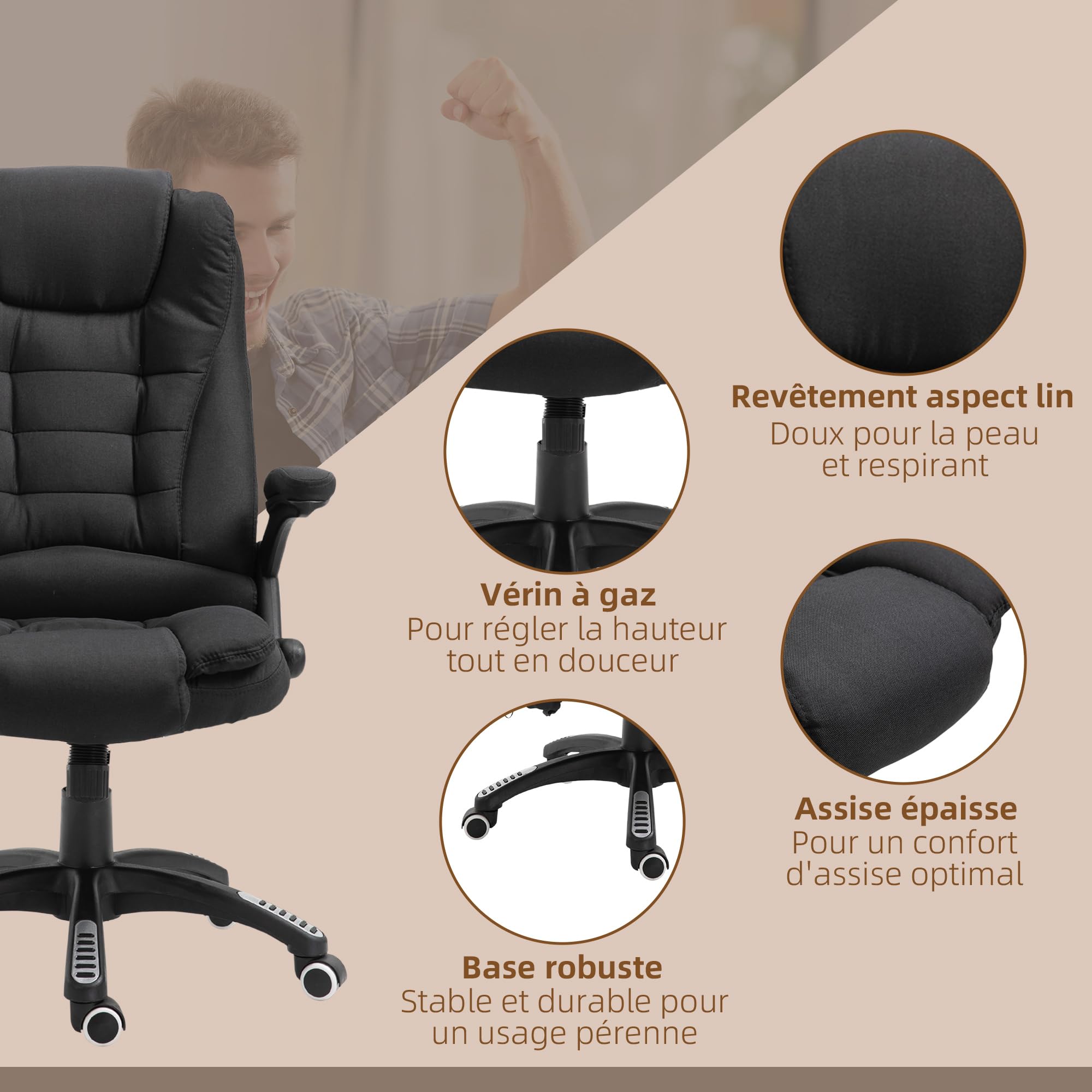 Vinsetto Fauteuil de Bureau massant et Chauffant, Chaise de Bureau, Chaise Ergonomique avec Hauteur réglable, Dossier inclinable et télécommande Filaire, pivotant à 360° Tissu en Polyester Noir