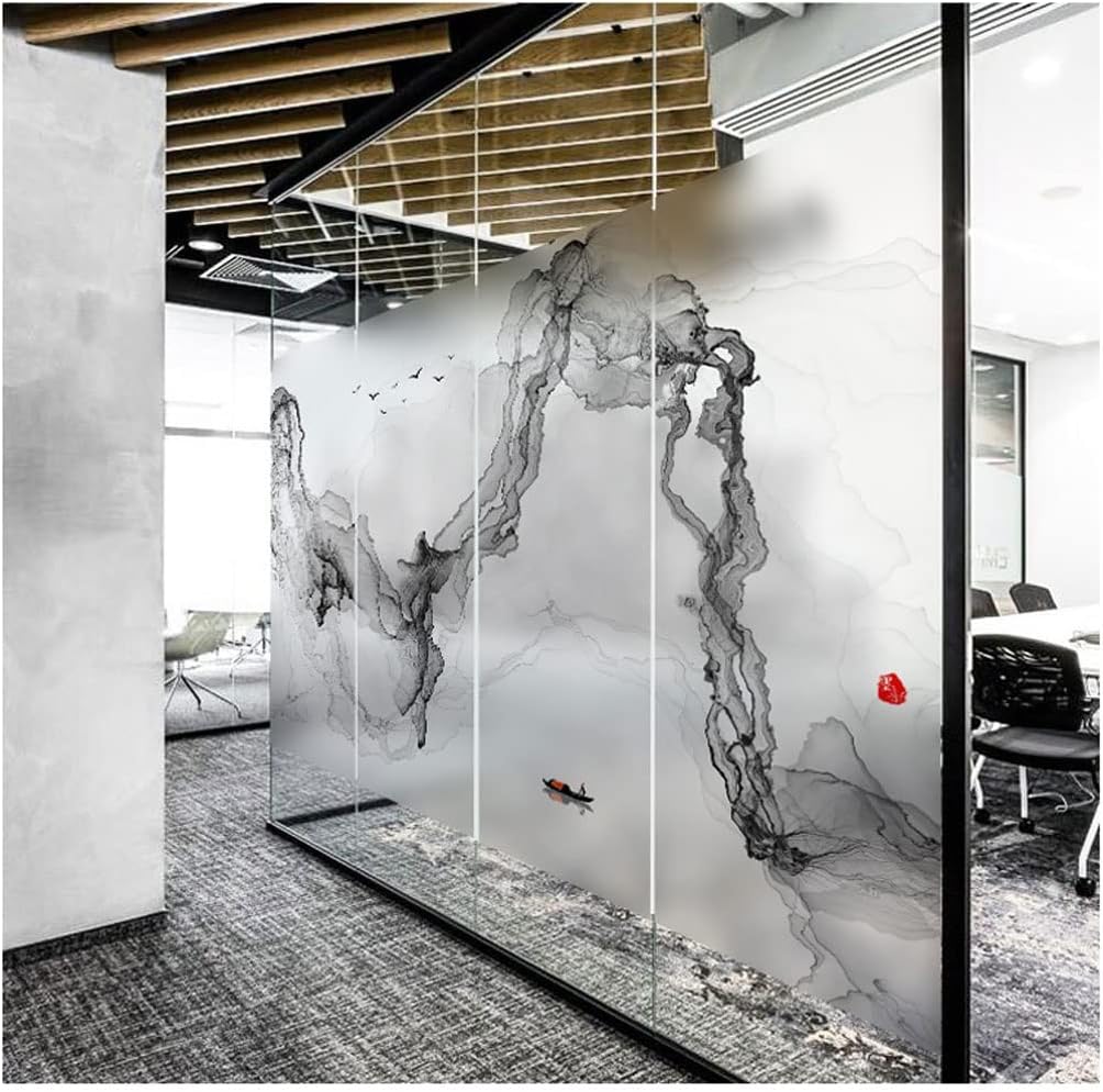 Window Clings Window Privacy Film Modern Chinese Landscape Painting Office Static Sticker Frosted Color Decorative Glass Window Film Privacy Window Film(C,60 * 120 cm)