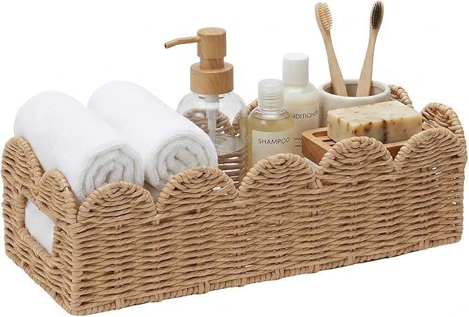 Scalloped Toilet Tank Basket — Paper Rope Woven Toilet Paper Holder for Back of Toilet, Natural Scalloped Wicker Tray, Boho Bathroom Organizer and Storage for Tank Top, Countertop & Small Spaces