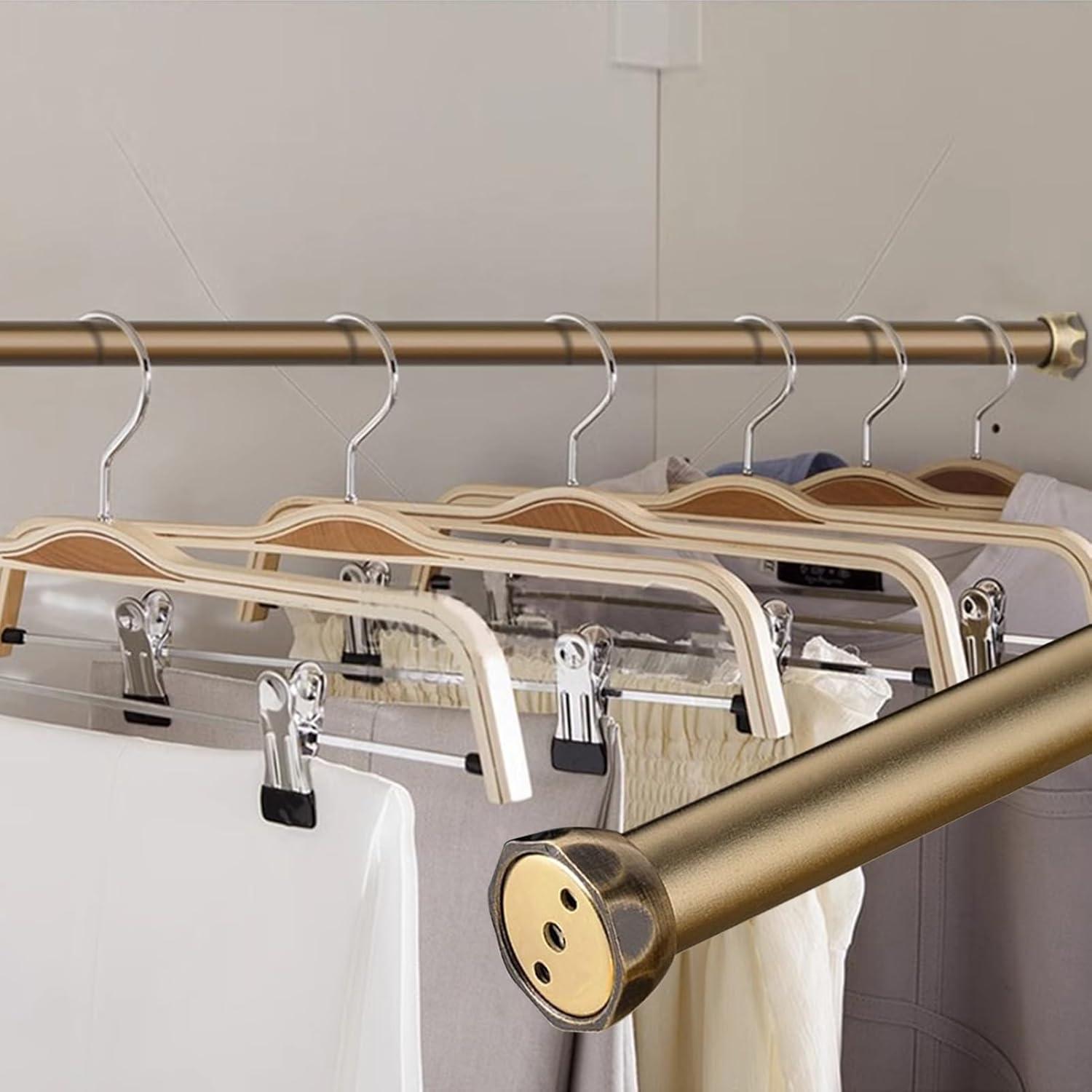 Champagne Gold Extra Long Hanging Clothes Valet Rod - 30 to 66 inch Garment Organizer Rack, Thickened Closet Rods with 2 Flanges for Efficient Wardrobe Storage