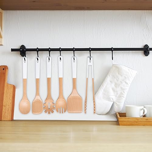 Miniatura 6 de Cucharas de madera para cocinar, 6 utensilios de cocina de madera de haya natural, cucharas de cocina de madera de agarre suave con agujero para