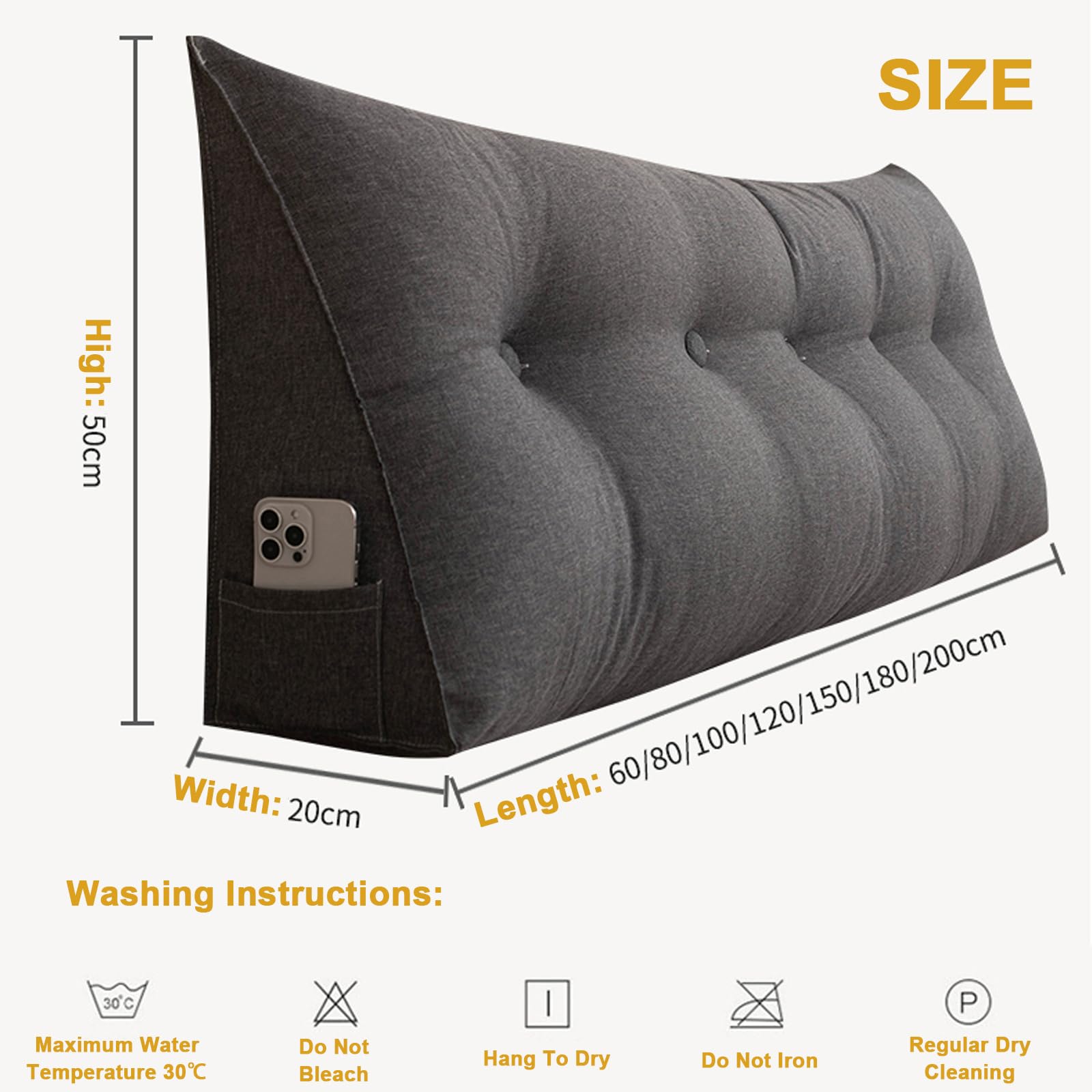 Cuscino di supporto lombare ergonomico in lino, rimovibile, lavabile, cuscino a cuneo per collo, spalle, sollievo lombare, ideale per lettura e TV, grigio scuro, 200 cm