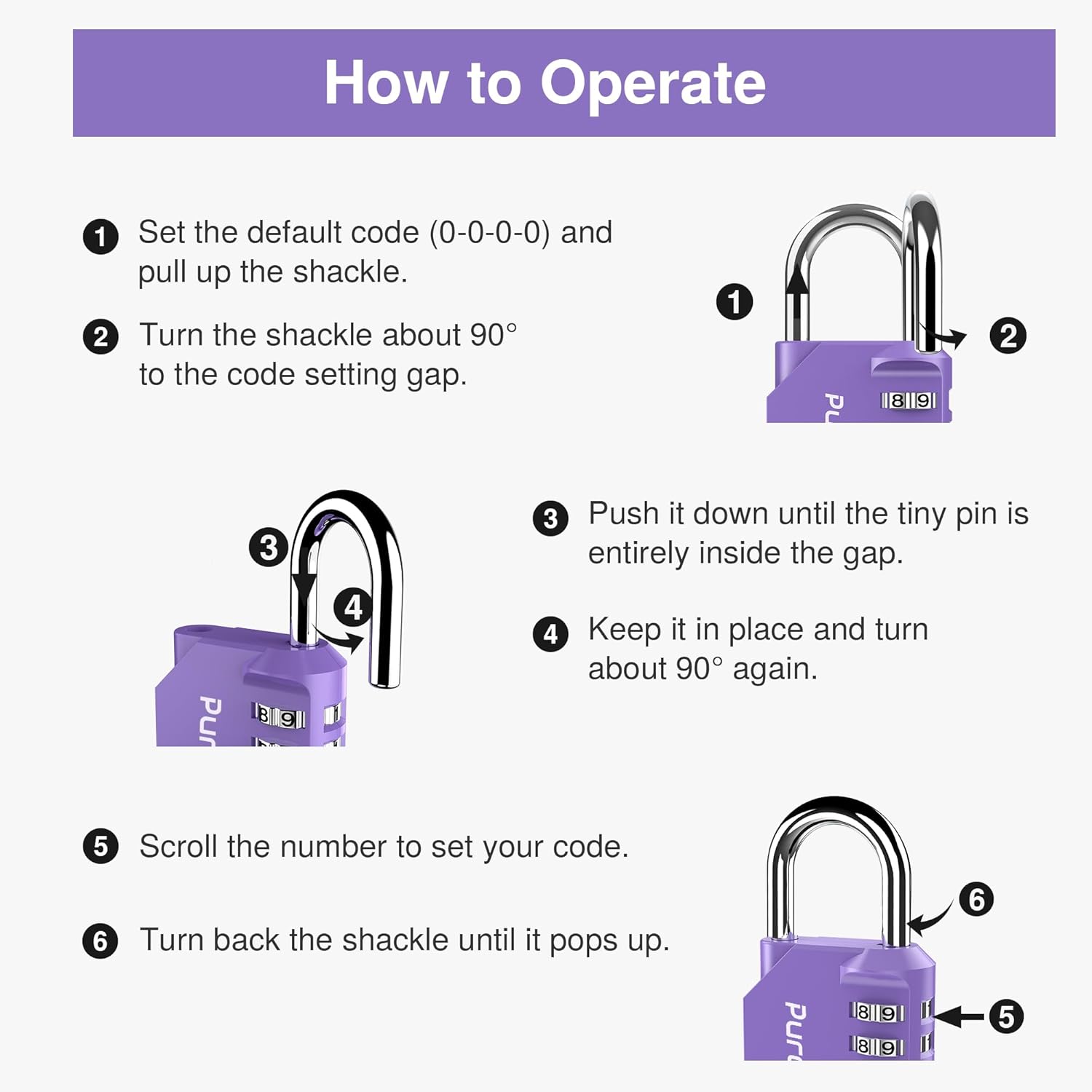 Step-by-step visual guide on how to operate and set the combination for the Puroma 4-Digit Combination Lock.