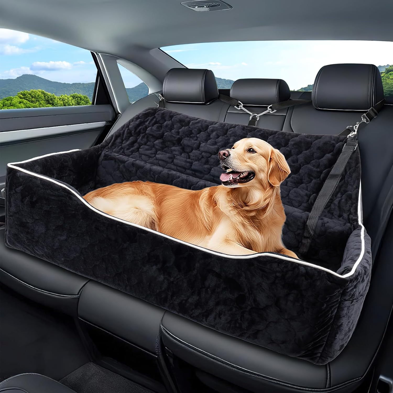 Dog Car Seat for Large/Medium Dogs Up to 100 lbs, Washable Pet Booster with Thick Cushion, Detachable and Washable Design with Storage Pockets and Adjustable Leashes