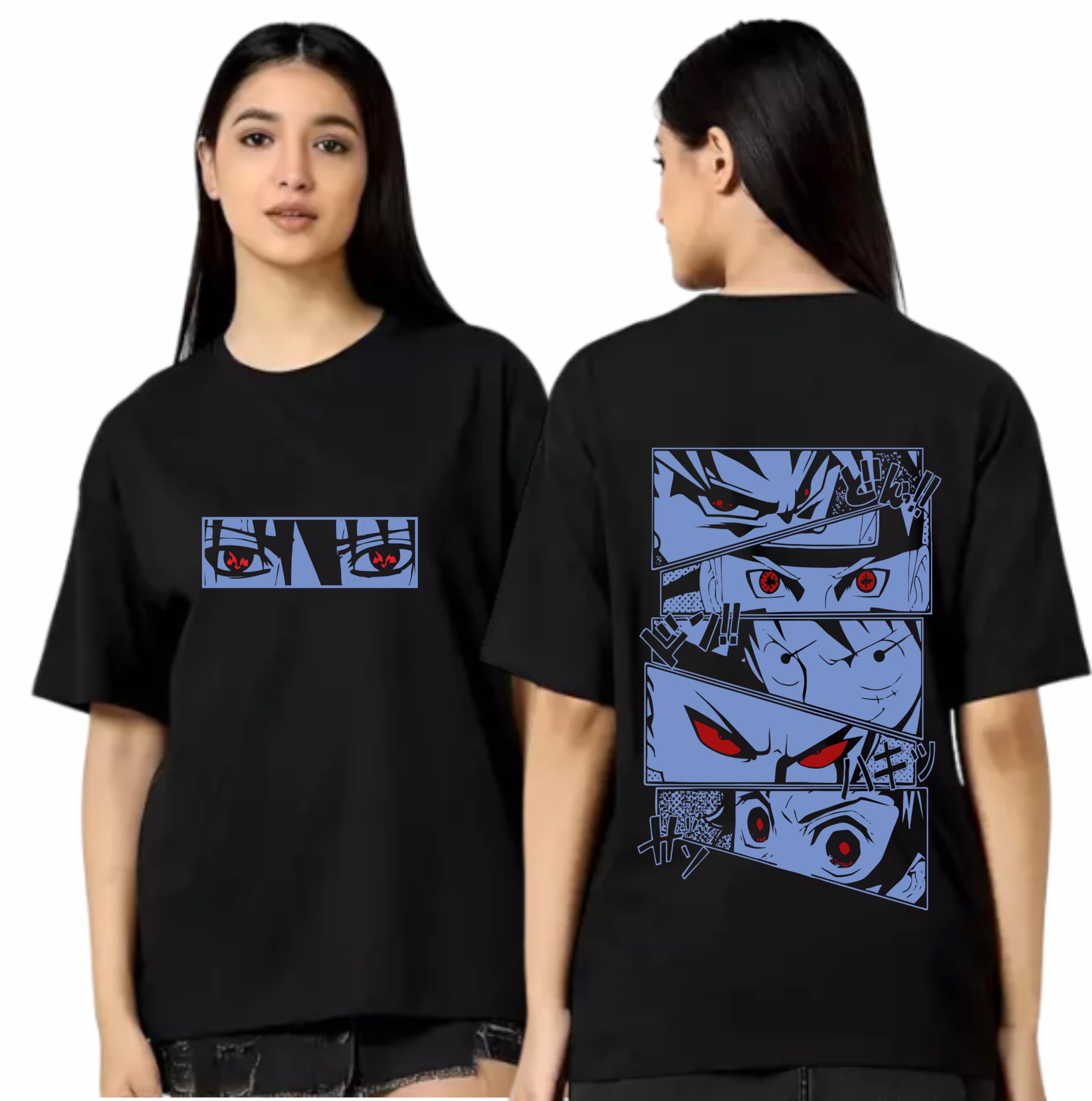 Uniplanet Store Cotton 3/4 Sleeve Women Oversized Black T-Shirt, Anime Girl Oversized Back Printed T Shirt