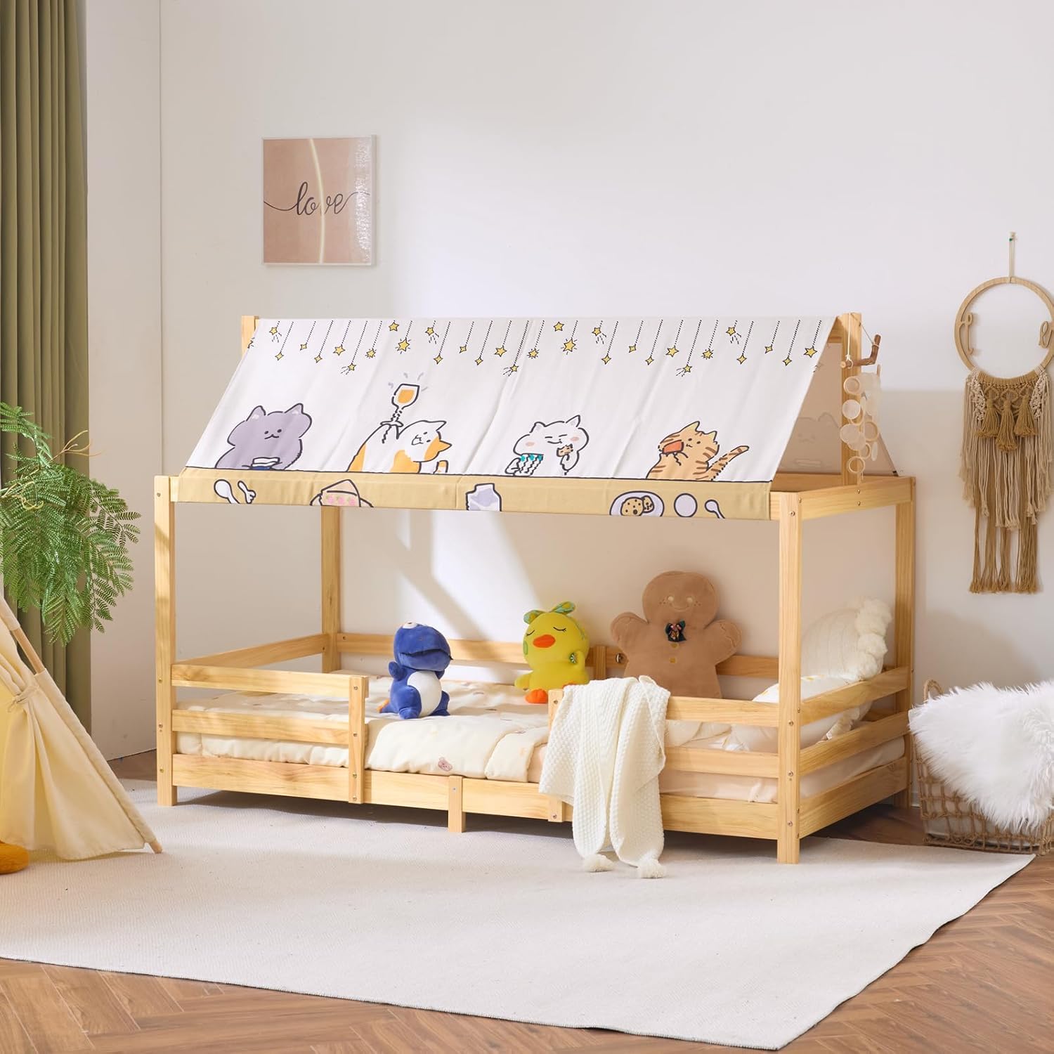 LEADZM Kinderbett Bodenbett 90x200 cm, Kinder Bett Mit Stoffhimmel | Kinderbetten inkl. Rausfallschutz & Lattenrost, Bodenbett Kinder bis 200 kg (90x200 cm，Natur)
